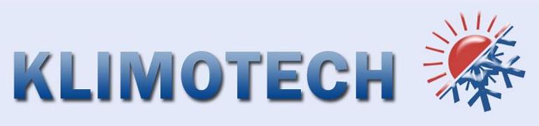 Logo firmy Klimotech z napisem w niebieskim kolorze i symbolem słońca połączonego z płatkiem śniegu, sugerujące usługi związane z klimatyzacją i ogrzewaniem.