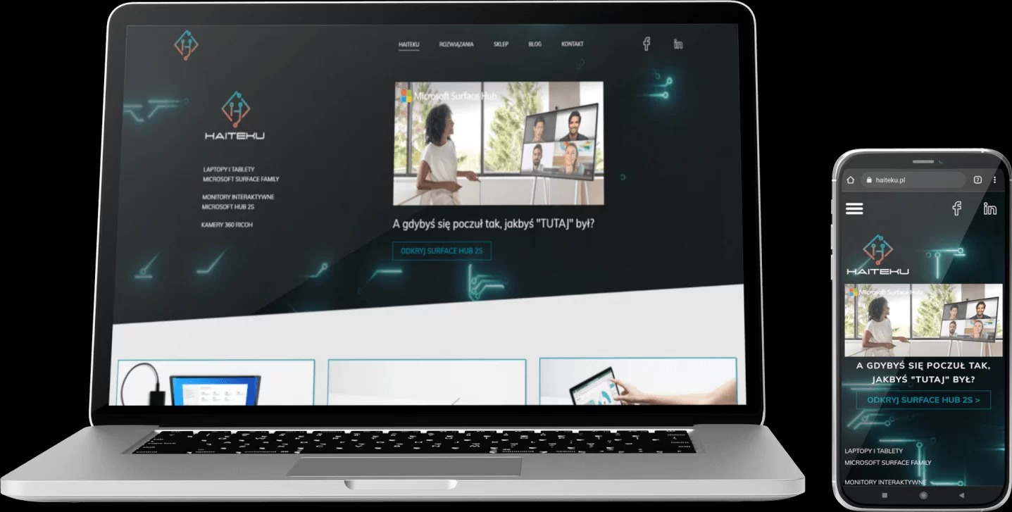 Laptop i smartfon wyświetlające stronę internetową firmy HAITEKU, prezentującą ofertę Microsoft Surface Hub z wideo-konferencją.