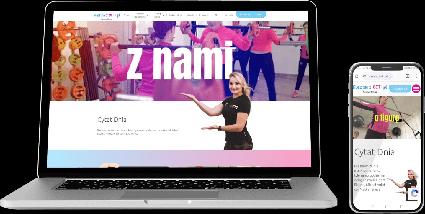 Laptop i smartfon wyświetlające stronę internetową centrum fitness 'Rusz się z BETI.pl' z uśmiechniętą instruktorką fitness