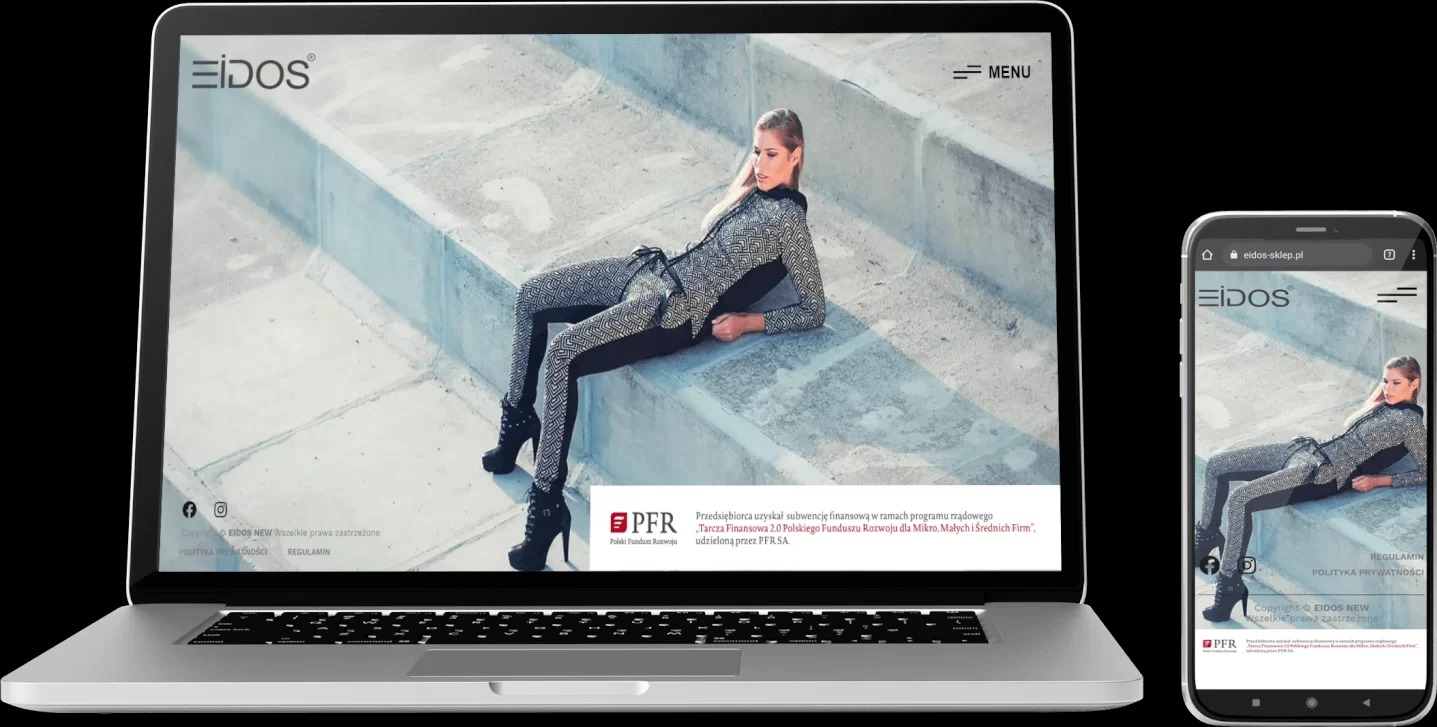 Prezentacja responsywnego sklepu internetowego 'EIDOS' na laptopie i smartfonie, ukazująca modelkę w czarno-białym stroju na tle betonowych schodów.