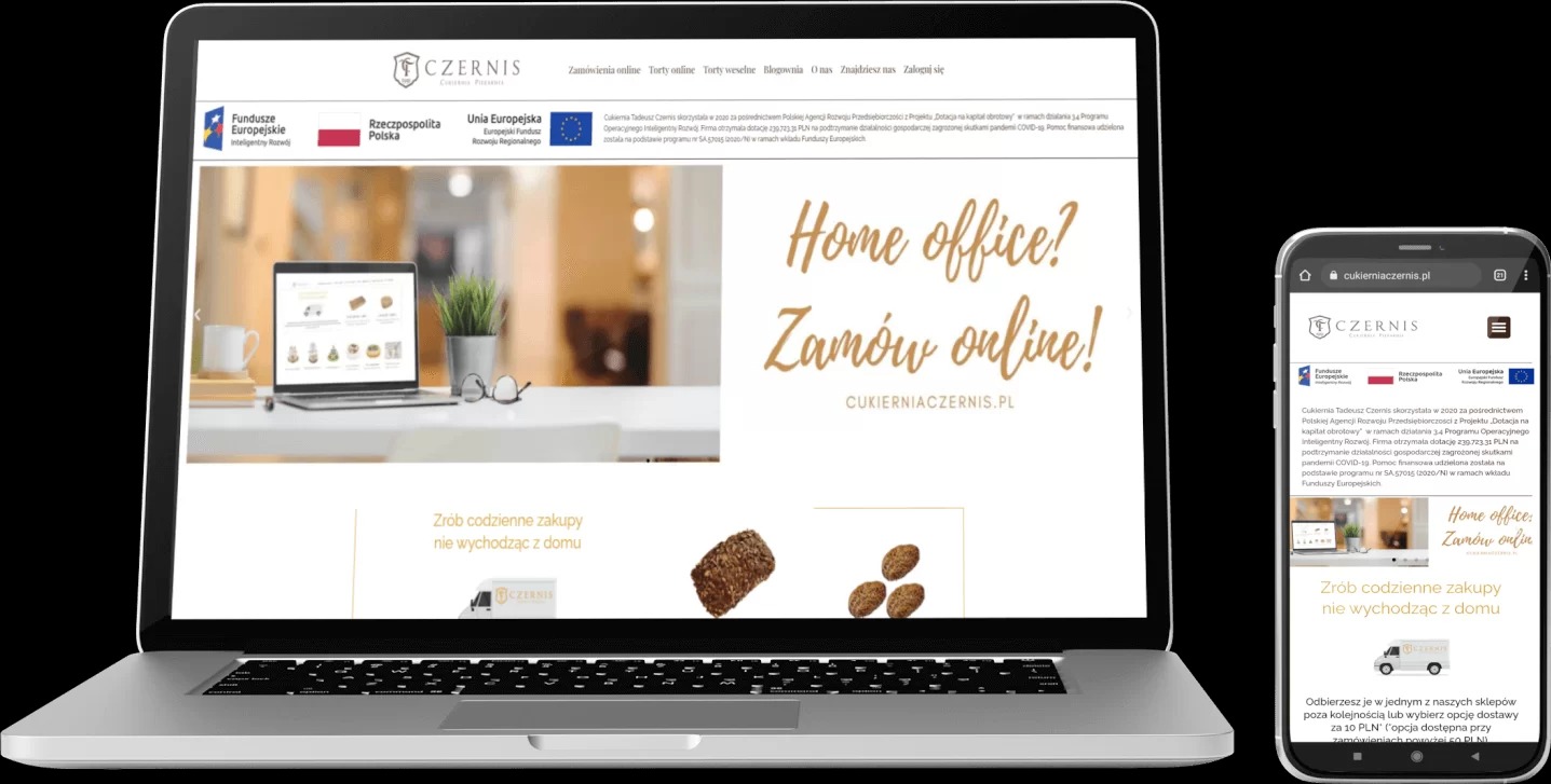 Laptop i smartfon wyświetlają stronę internetową cukierni Czernis z hasłem 'Home office? Zamów online!', ciasteczka na ekranie laptopa.