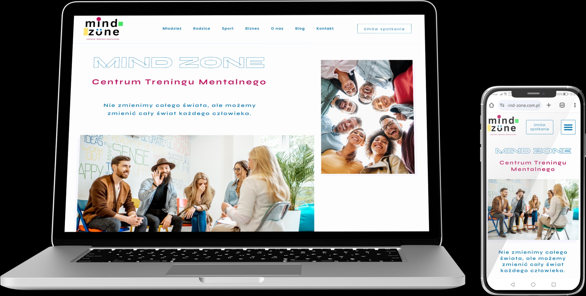 Laptop i smartfon wyświetlają stronę internetową Mind Zone, centrum treningu mentalnego, z różnymi sekcjami i zdjęciami zespołu oraz uczestników sesji grupowych.