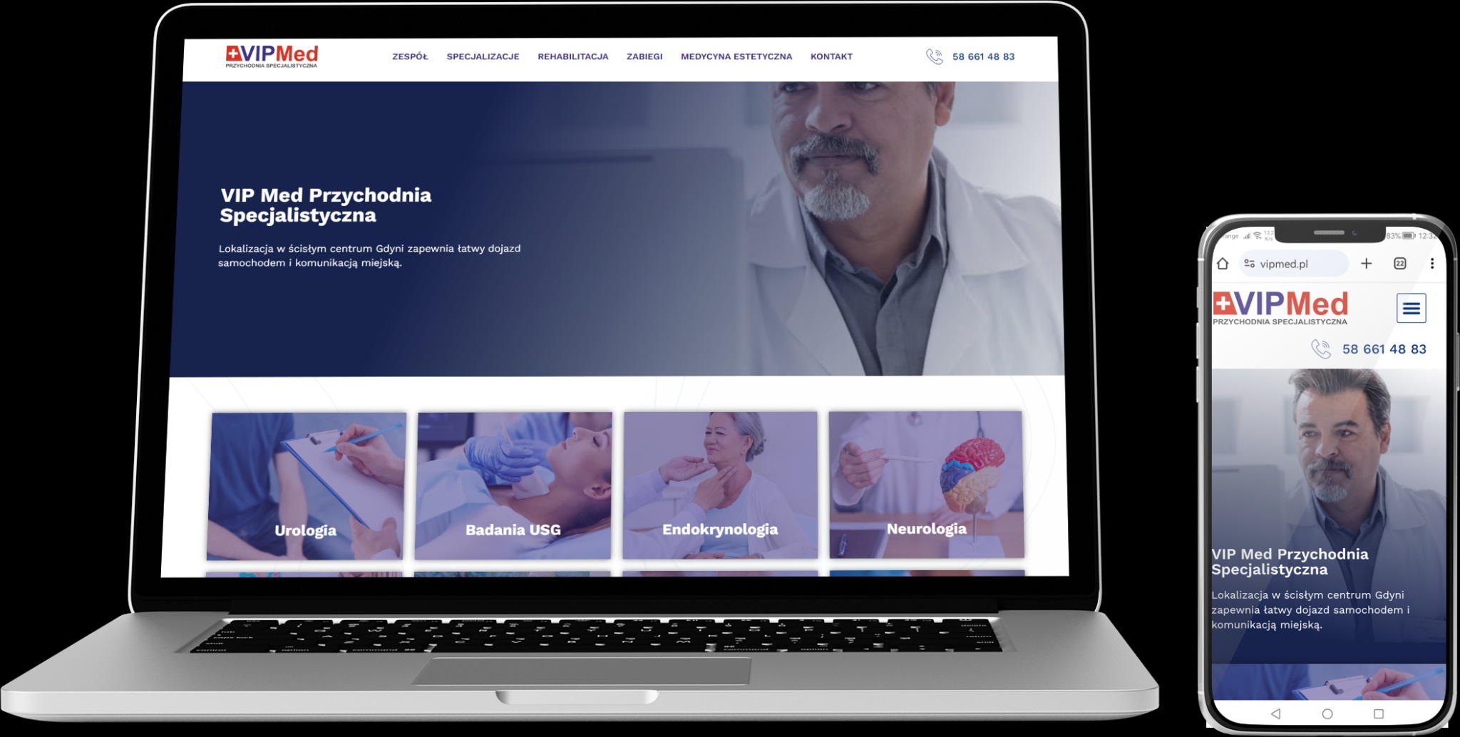 Prezentacja strony internetowej przychodni VIP Med na ekranie laptopa i smartfona, widoczne menu, logo i informacje o lokalizacji w Gdyni.