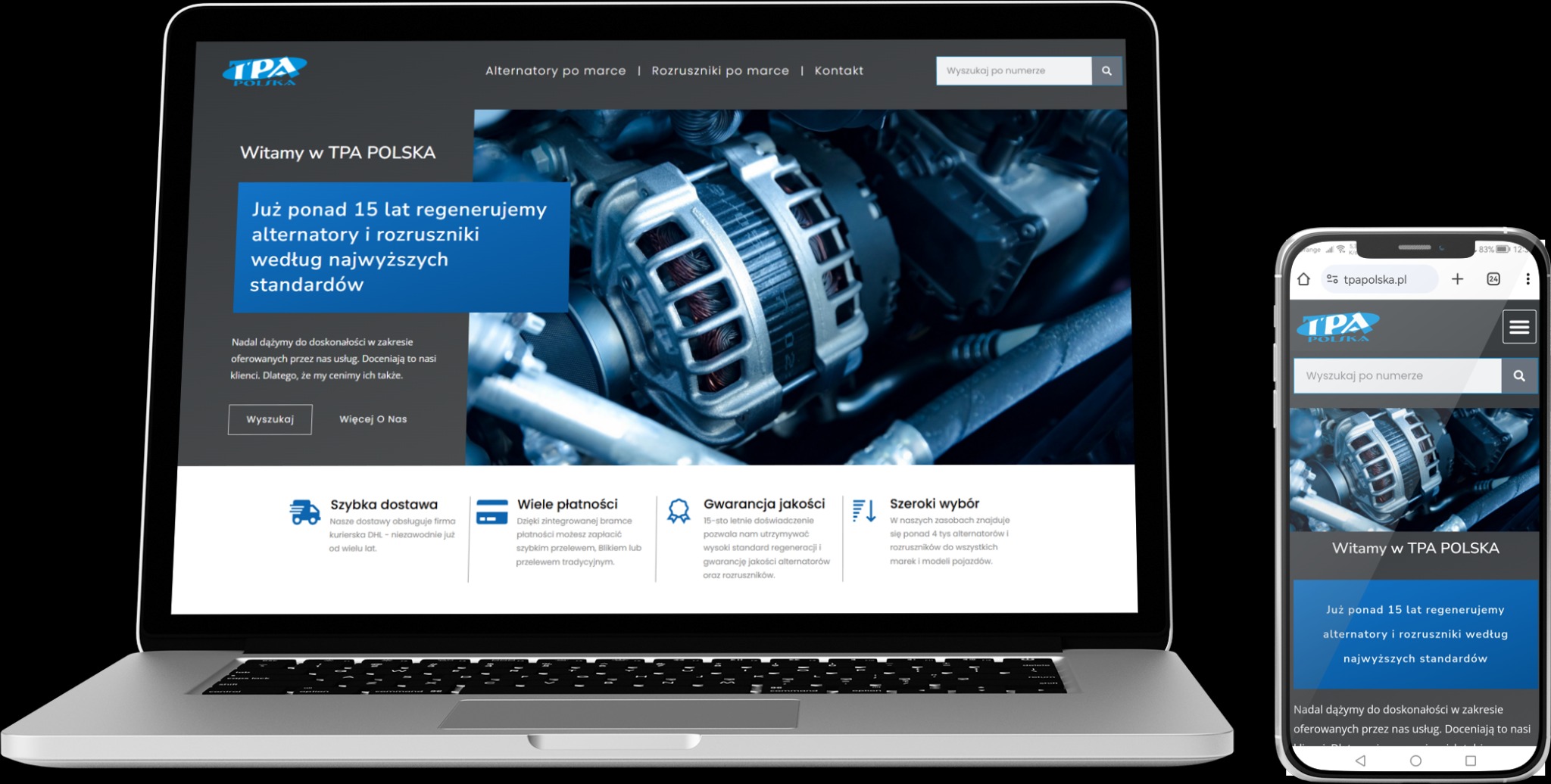 Laptop i smartfon wyświetlające stronę internetową firmy TPA Polska, specjalizującej się w regeneracji alternatorów i rozruszników samochodowych.