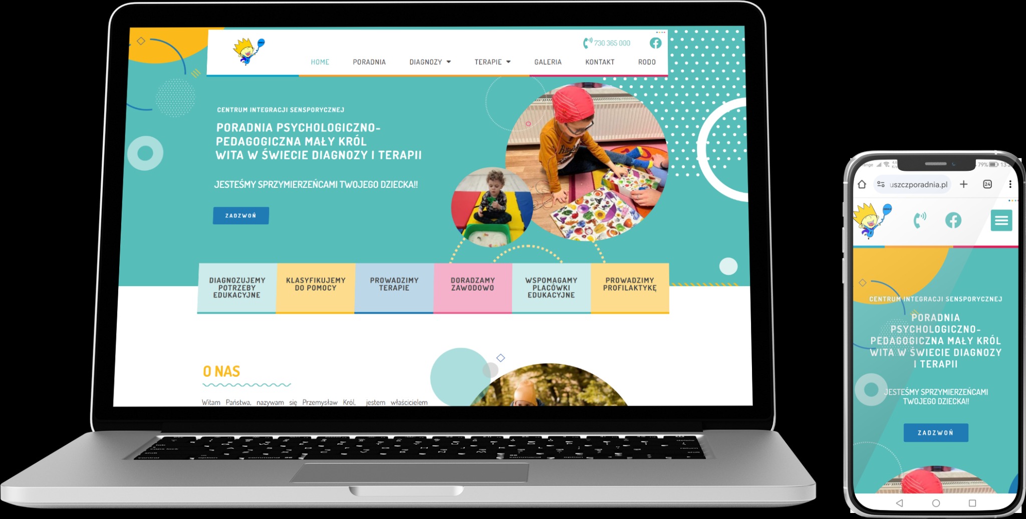 Responsywna strona internetowa poradni psychologiczno-pedagogicznej wyświetlana na laptopie i smartfonie, prezentująca ofertę diagnostyki i terapii dziecięcej.