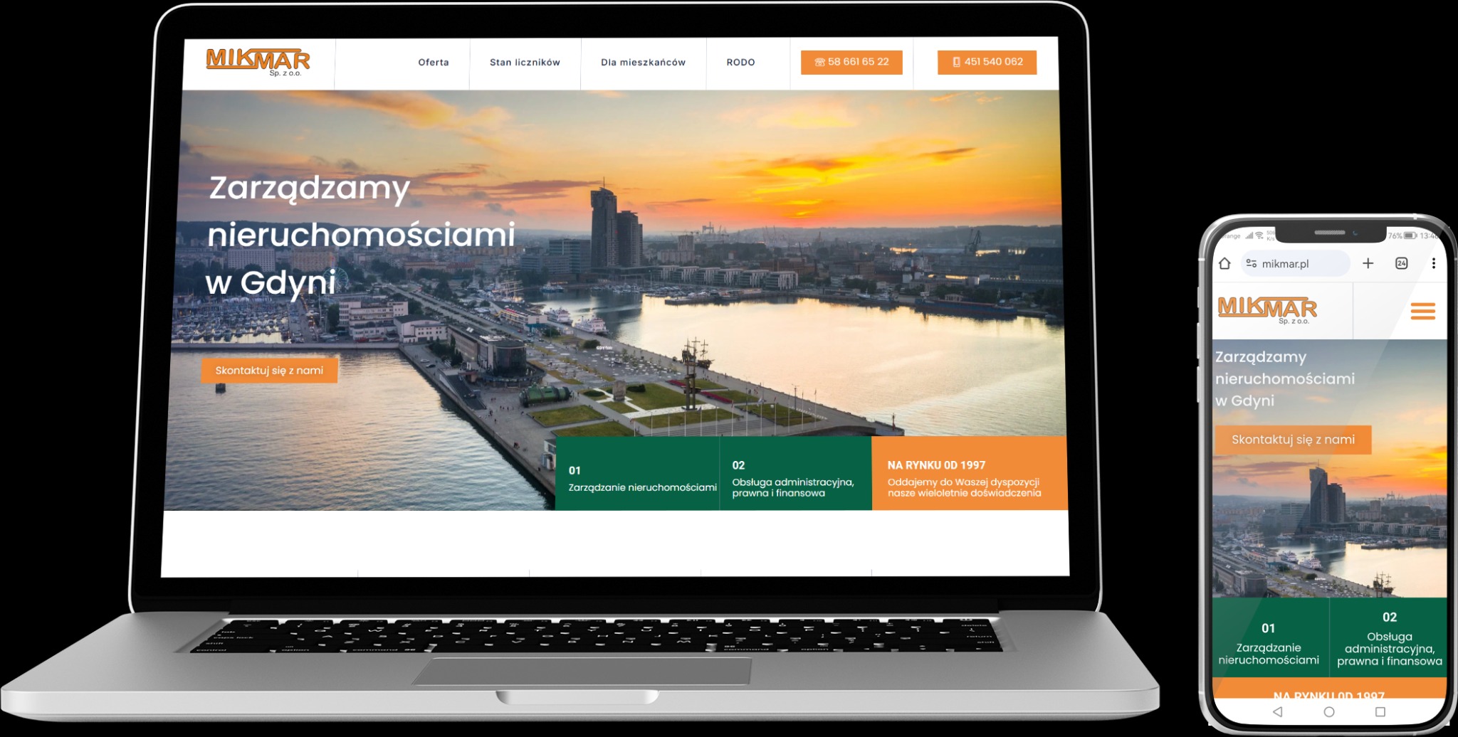 Responsywna strona internetowa firmy Mikmar Sp. z o.o. wyświetlana na laptopie i smartfonie, prezentująca usługi zarządzania nieruchomościami w Gdyni, z widokiem na panoramę miasta w tle.
