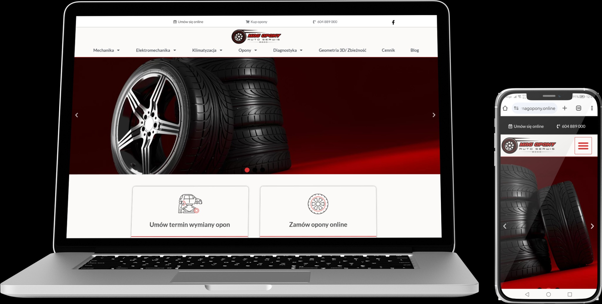 Responsywna strona internetowa serwisu oponiarskiego wyświetlana na laptopie i smartfonie, z widocznymi ofertami umówienia terminu wymiany opon i zamówienia opon online.