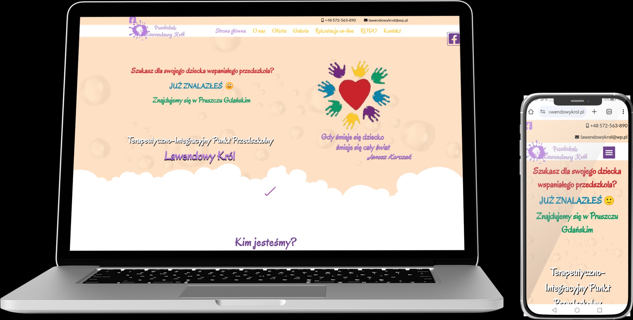 Laptop i smartfon prezentujące stronę internetową przedszkola Lawendowy Król, z logo, menu, informacją o lokalizacji w Pruszczu Gdańskim i cytatem Janusza Korczaka.