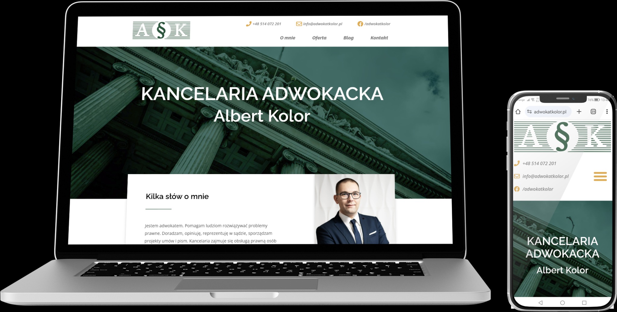 Responsywna strona internetowa kancelarii adwokackiej Alberta Kolora wyświetlana na laptopie i smartfonie, z widocznym logo, menu i zdjęciem właściciela.
