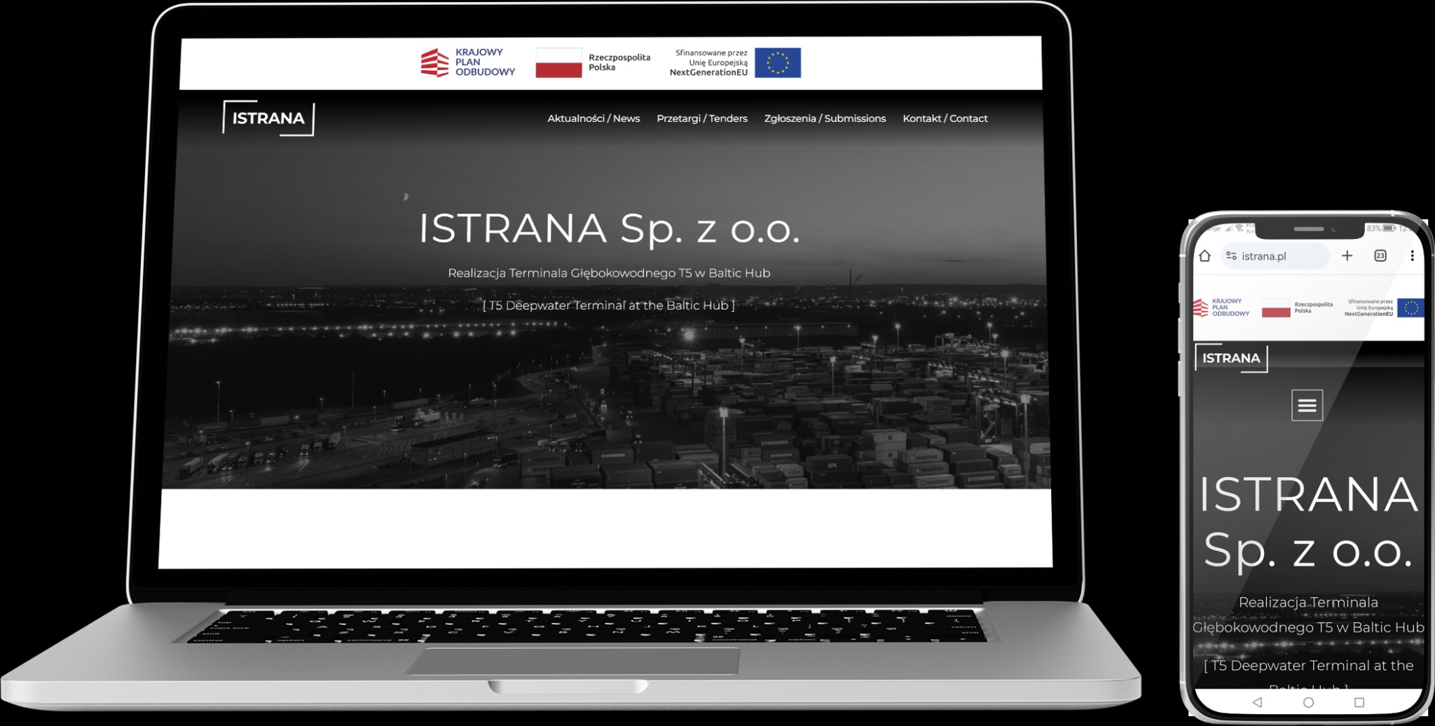 Prezentacja strony internetowej firmy Istrana Sp. z o.o. na laptopie i smartfonie, z widocznym logo i informacją o realizacji terminala głębokowodnego T5 w Baltic Hub.
