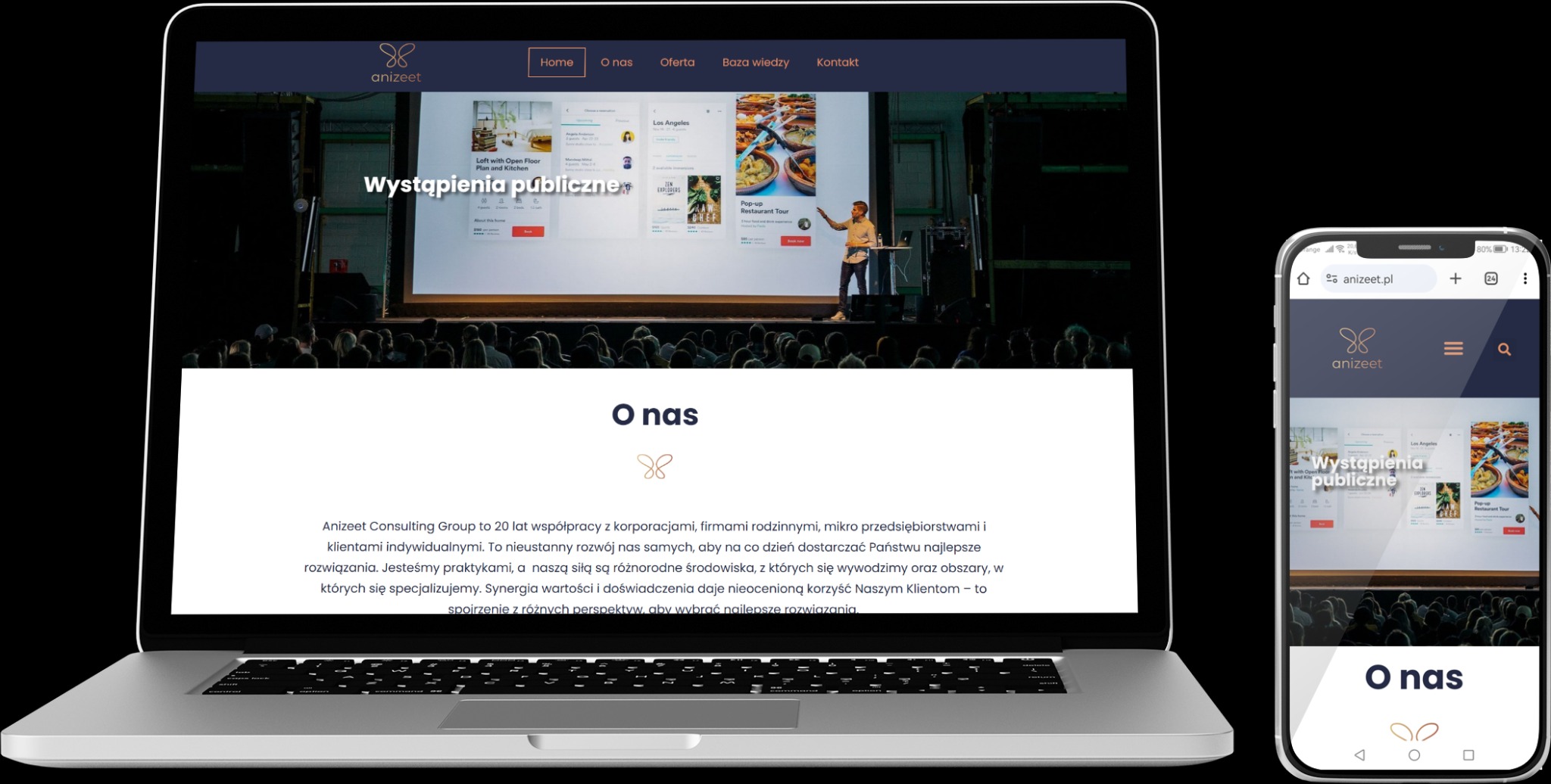Laptop i smartfon wyświetlające stronę internetową firmy Anizeet, prezentującą relację z publicznego wystąpienia i ofertę dla restauracji.