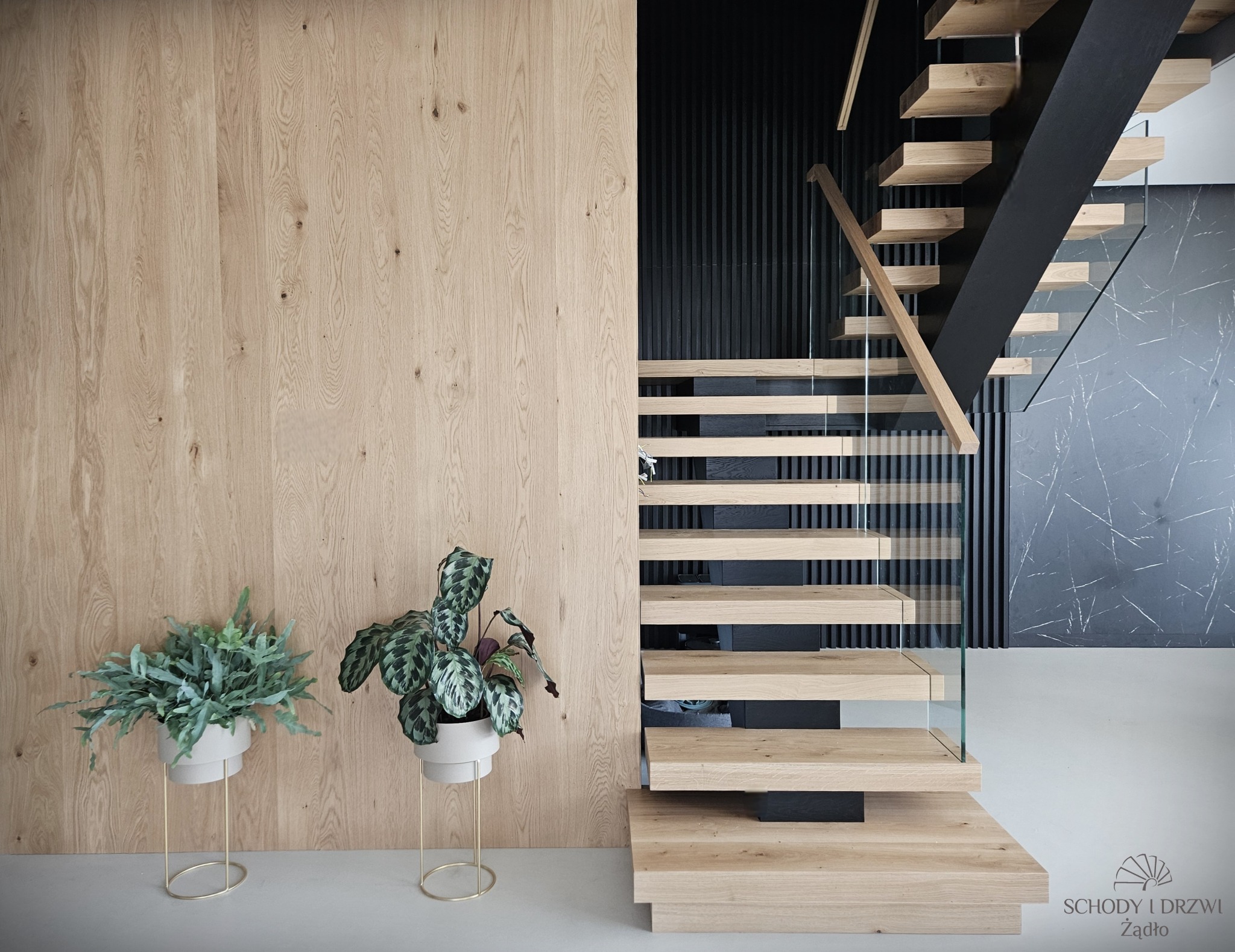 Nowoczesne schody z jasnego drewna z czarnymi akcentami, szklane balustrady, minimalistyczny design, z roślinami doniczkowymi w tle, oświetlenie podkreśla naturalny rysunek drewna.