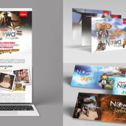 Prezentacja wizualizacji kampanii reklamowej Posnet Nowa Przygoda na różnych nośnikach: strona internetowa na laptopie, ulotki i zaproszenia z motywami podróżniczymi, w tym Indiana Jones w Jordanii...