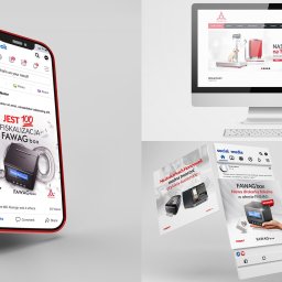 emtestudio - Kompozycja graficzna prezentująca stronę internetową z wagami, post na Facebooku i materiały reklamowe drukarki fiskalnej Fawag Box oraz aplikacji GoPOS na monitorze, smartfonie i ulotkach.