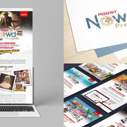emtestudio - Laptop wyświetla stronę internetową z motywem konferencji Posnet 'Nowa Przygoda' inspirowanej Indiana Jones, obok wizualizacje strony na kartkach i logo firmy na biurku