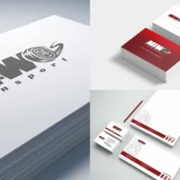 Wizualizacja identyfikacji marki MIWO Transport: stos wizytówek z czerwonym paskiem, papeteria firmowa z logotypem koła i opon, oraz arkusz papieru firmowego z nagłówkiem.