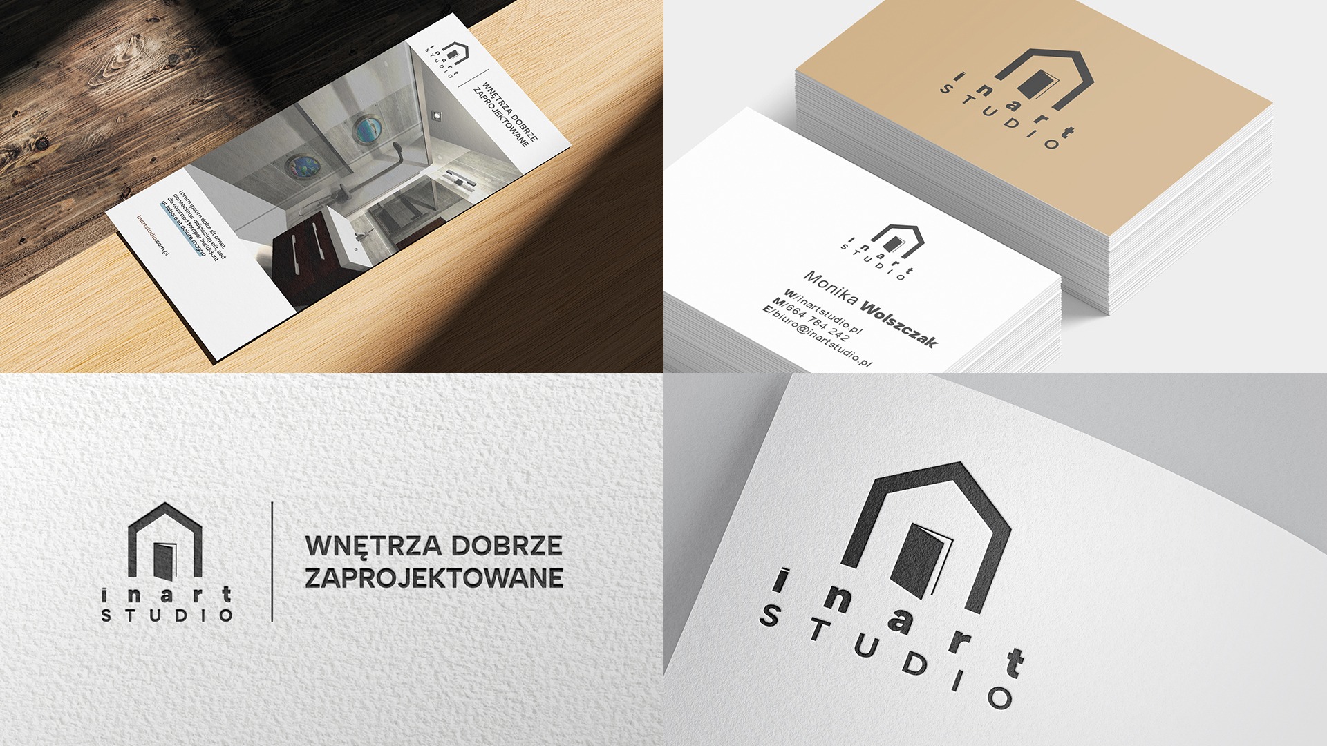 Makieta materiałów firmowych Inart Studio: wizytówki, ulotka z wizualizacją łazienki i logo na teksturowanym papierze.
