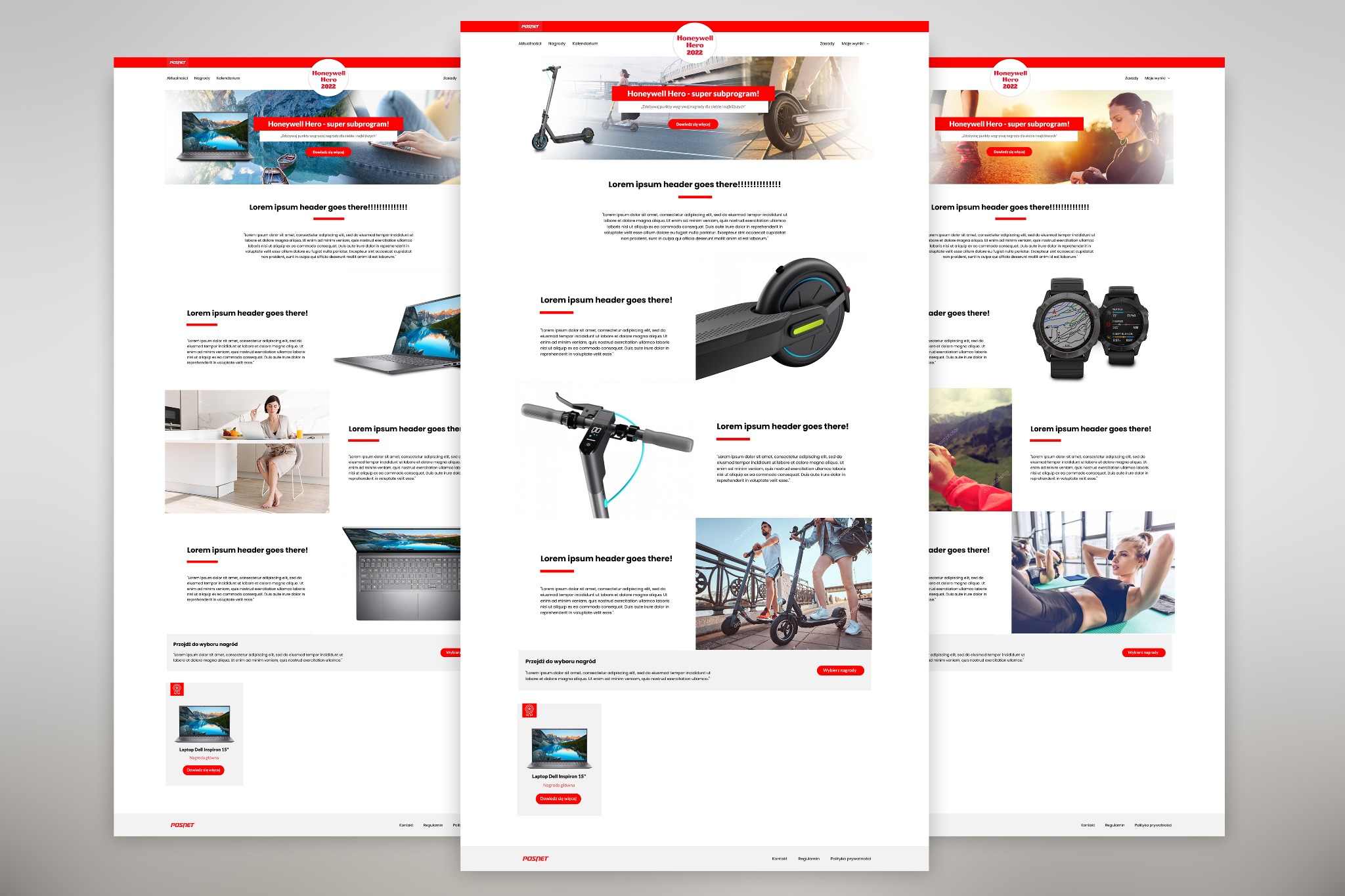 Projekt strony internetowej prezentujący laptopy, hulajnogi elektryczne i smartwatche, z nagłówkami i treścią zastępczą.