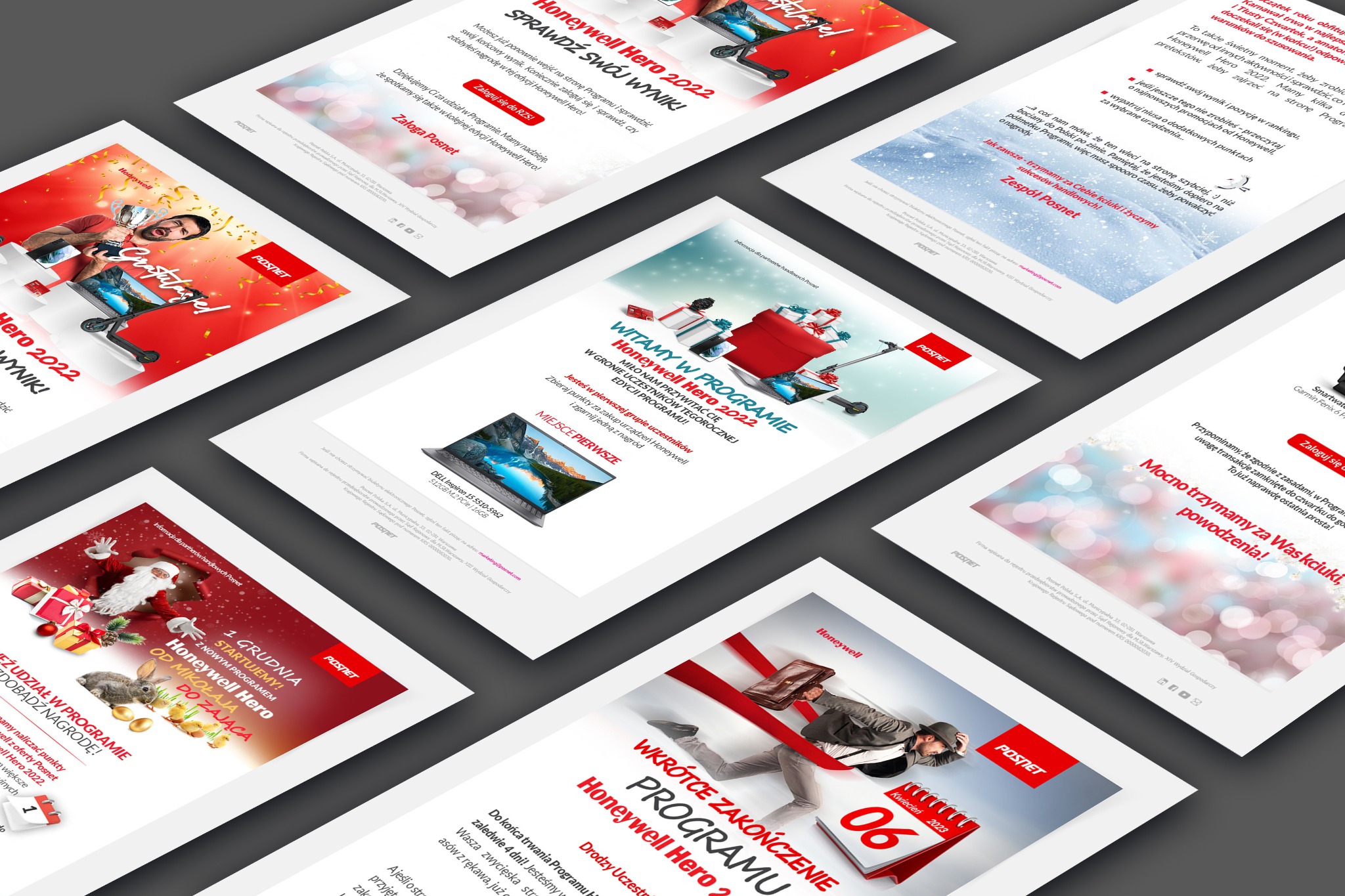 Zestaw materiałów promocyjnych programu Honeywell Hero 2022, prezentujących informacje o rozpoczęciu, trwaniu i zakończeniu programu, z elementami graficznymi przedstawiającymi nagrody, daty...