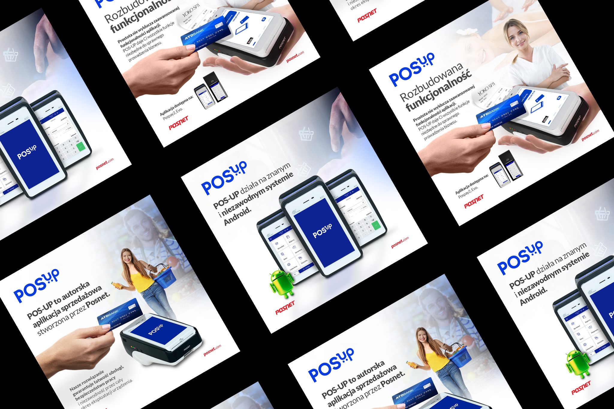 Reklama aplikacji POS-UP na białym tle, prezentująca terminale płatnicze i smartfony z interfejsem aplikacji, podkreślająca funkcjonalność i łatwość obsługi.