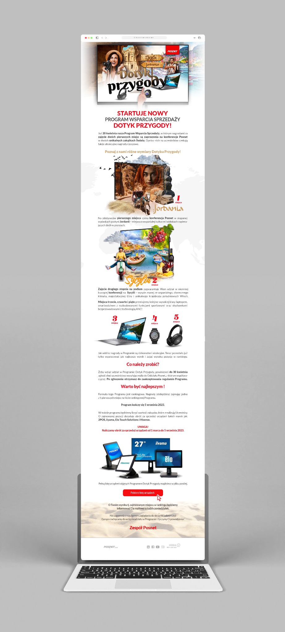 Strona internetowa na laptopie promująca program wsparcia sprzedaży 'Dotyk Przygody' z nagrodami takimi jak konferencje w Jordanii i na Sycylii, laptop, smartwatch i słuchawki.