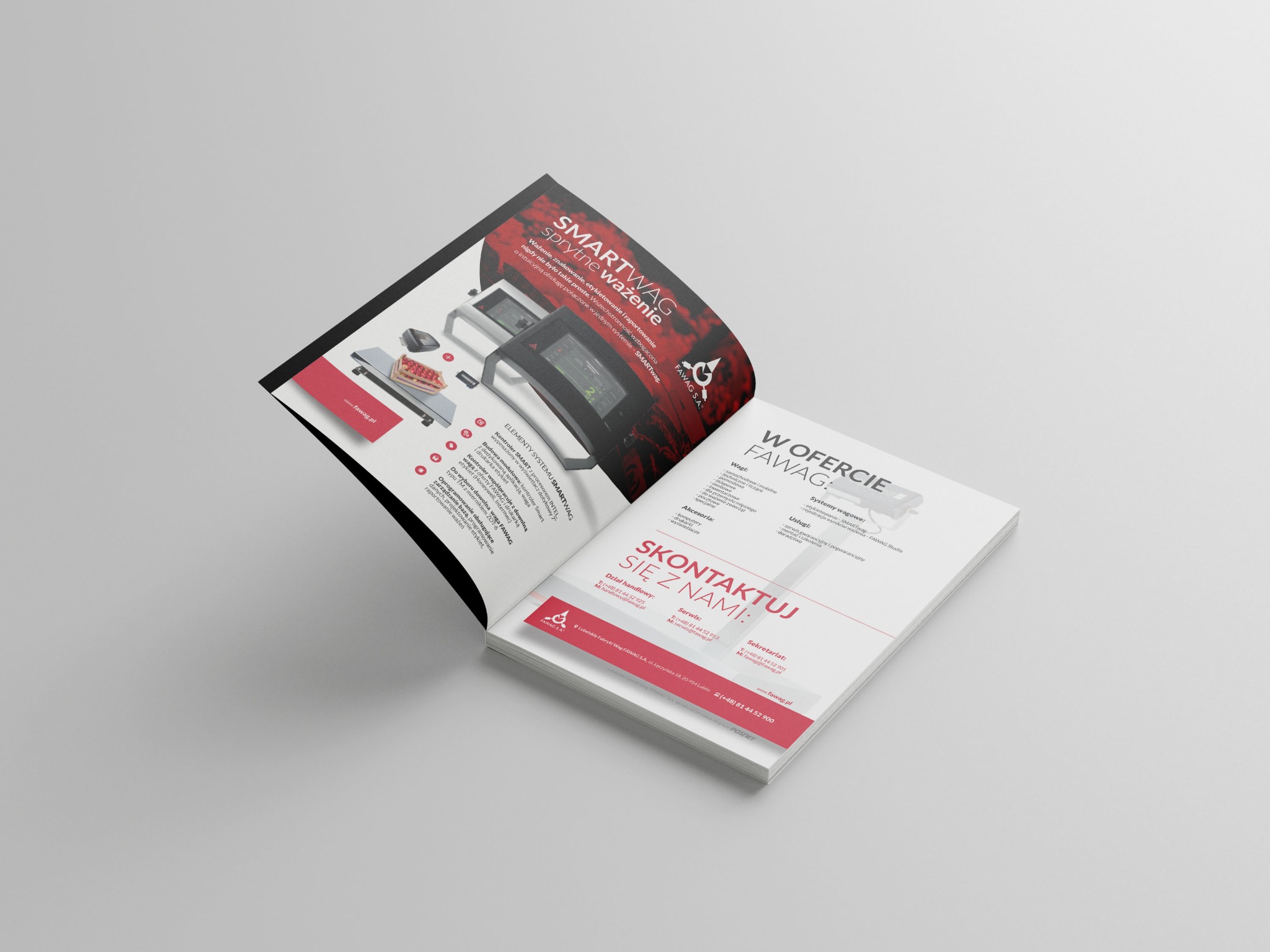 Rozłożona broszura reklamowa prezentująca system wagowy SMARTWAG firmy FAWAG, z detalami dotyczącymi elementów systemu, akcesoriów i danych kontaktowych.