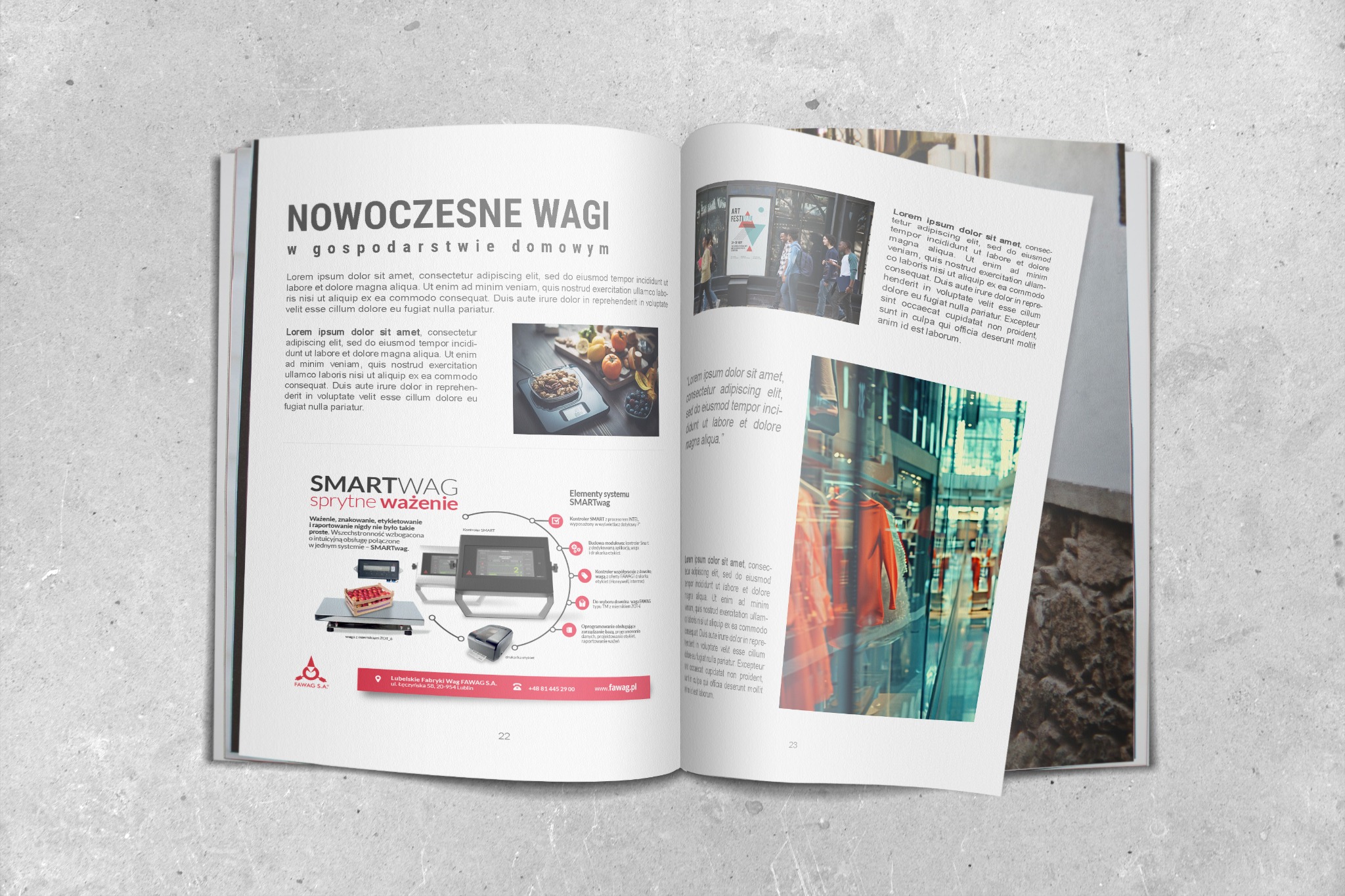 Otwarta broszura reklamowa prezentująca nowoczesne wagi sklepowe SMARTwag firmy FAWAG S.A., z tekstem informacyjnym, zdjęciem wagi z owocami i danymi kontaktowymi firmy.