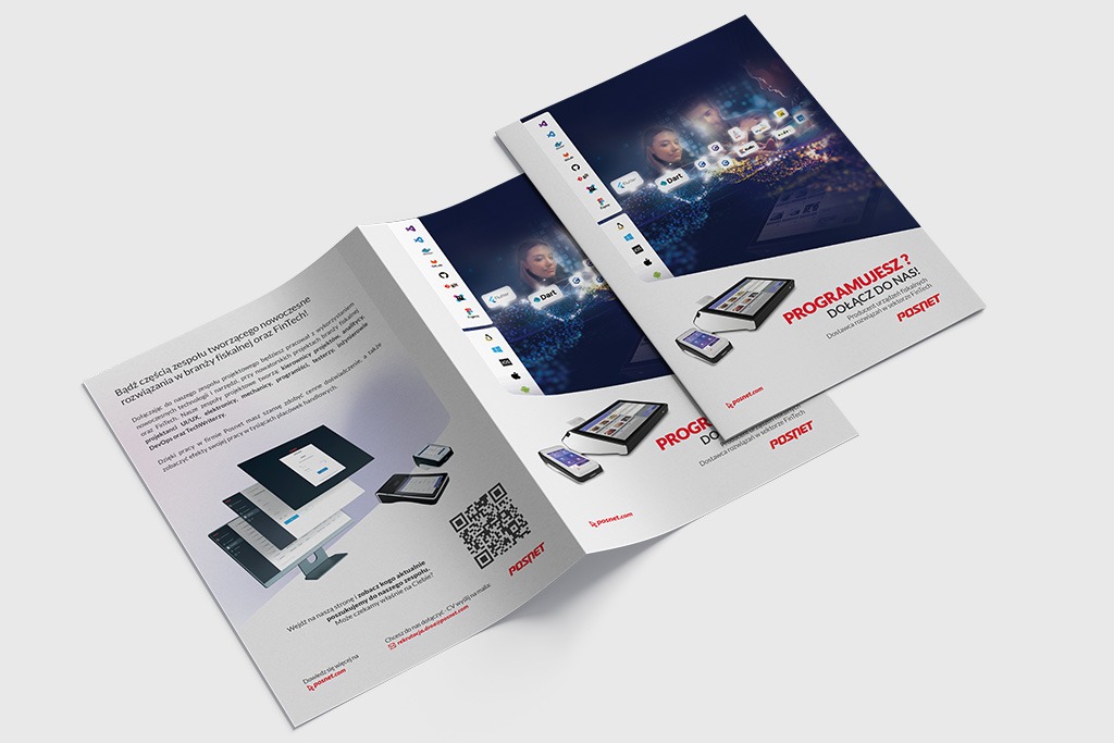 Rozłożona, trójdzielna ulotka reklamowa firmy Posnet, prezentująca ofertę programistyczną i rozwiązania dla branży FinTech, z grafikami interfejsów aplikacji i urządzeń mobilnych.