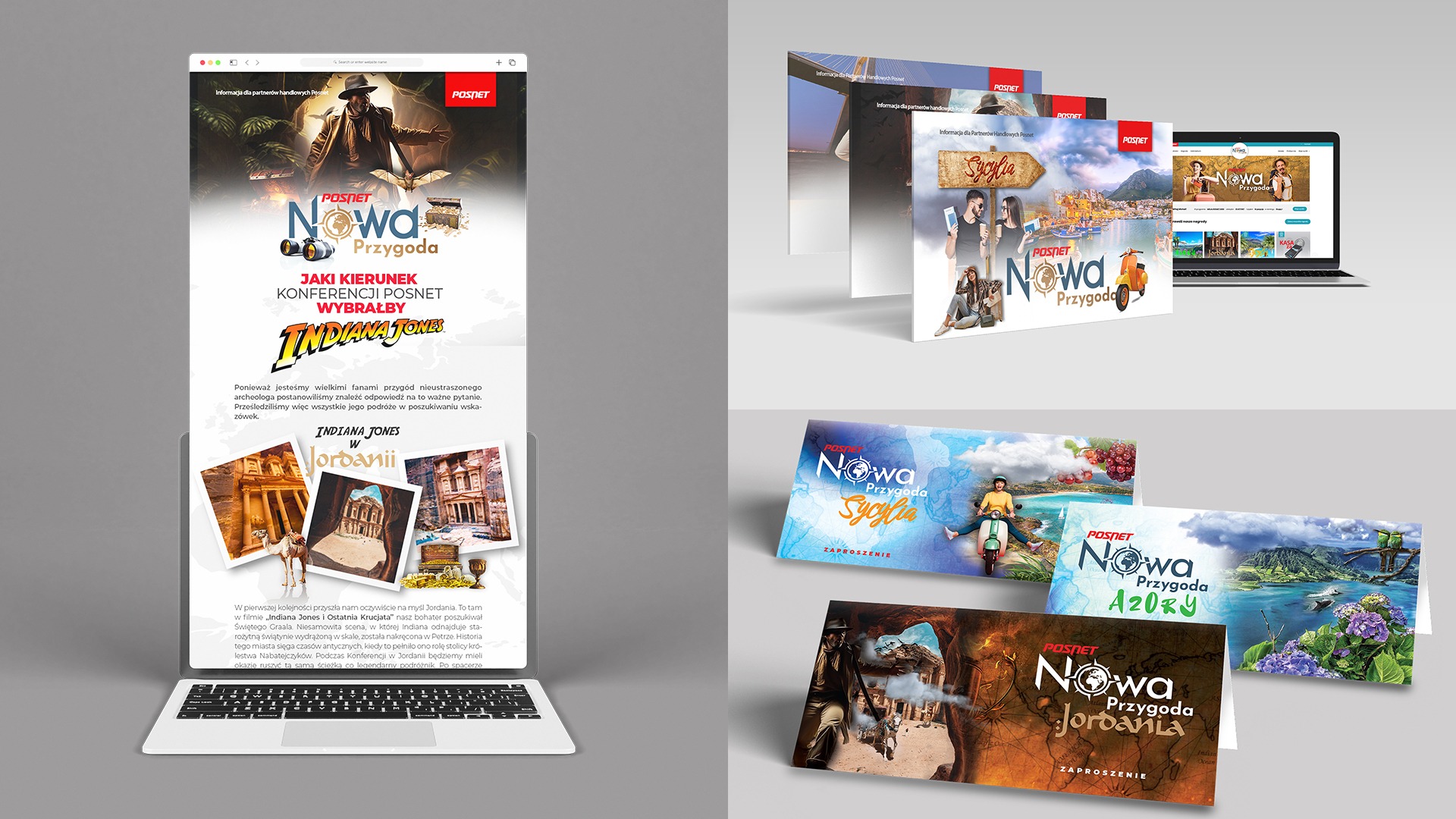 Prezentacja wizualizacji kampanii reklamowej Posnet Nowa Przygoda na różnych nośnikach: strona internetowa na laptopie, ulotki i zaproszenia z motywami podróżniczymi, w tym Indiana Jones w Jordanii...