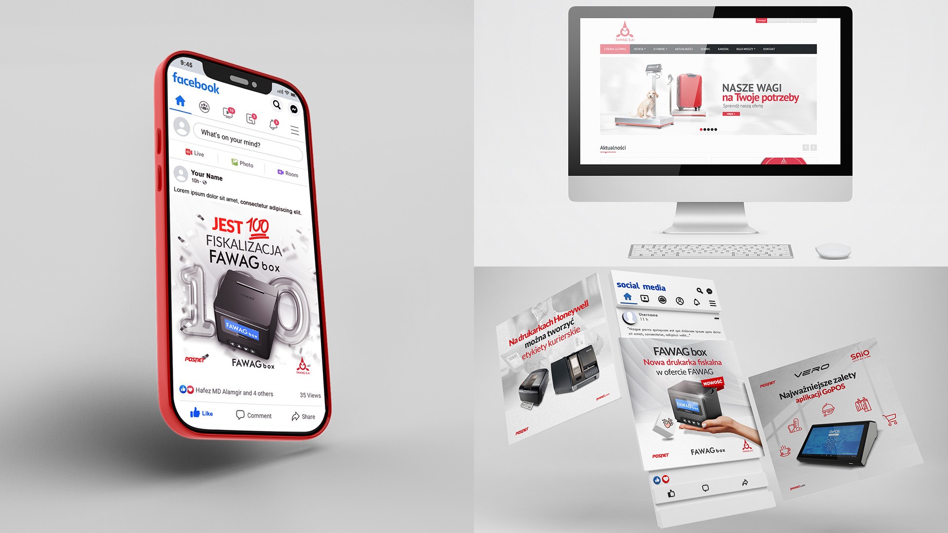 Kompozycja graficzna prezentująca stronę internetową z wagami, post na Facebooku i materiały reklamowe drukarki fiskalnej Fawag Box oraz aplikacji GoPOS na monitorze, smartfonie i ulotkach.
