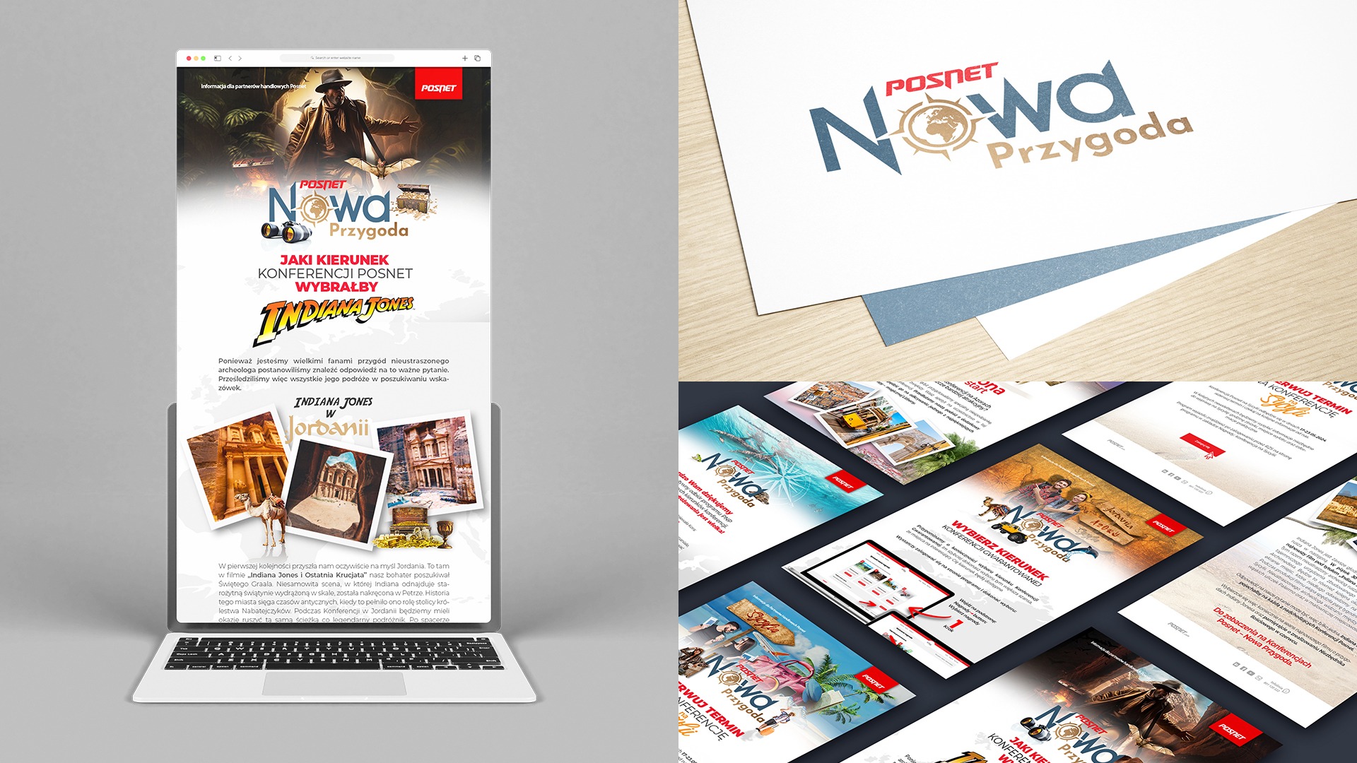 Laptop wyświetla stronę internetową z motywem konferencji Posnet 'Nowa Przygoda' inspirowanej Indiana Jones, obok wizualizacje strony na kartkach i logo firmy na biurku