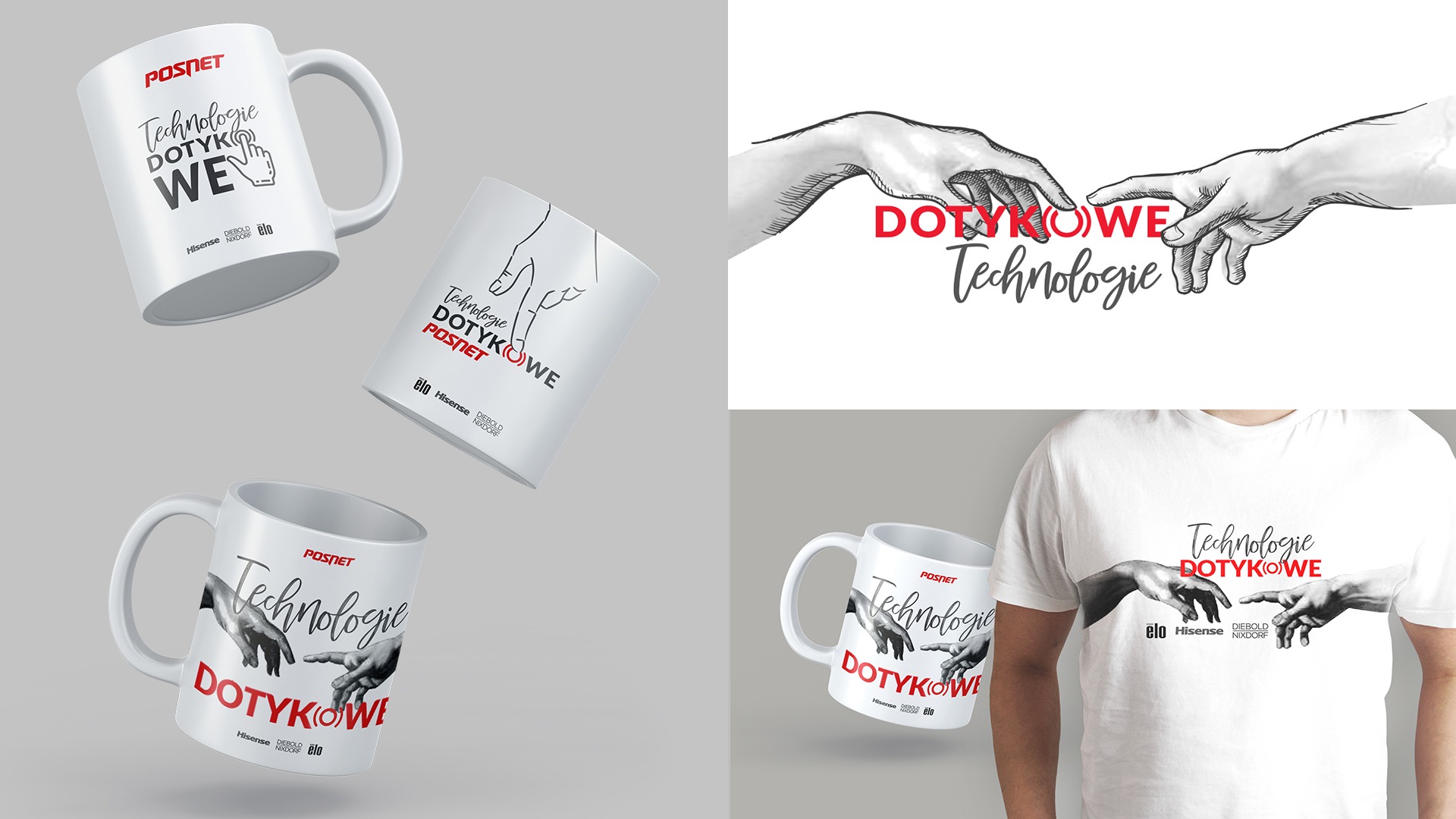 Makieta prezentująca logo 'Technologie Dotykowe' na kubkach i koszulce, z grafiką dłoni inspirowaną freskiem Michała Anioła, na szarym tle.