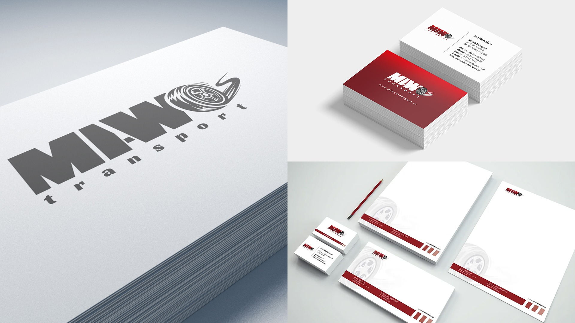 Wizualizacja identyfikacji marki MIWO Transport: stos wizytówek z czerwonym paskiem, papeteria firmowa z logotypem koła i opon, oraz arkusz papieru firmowego z nagłówkiem.