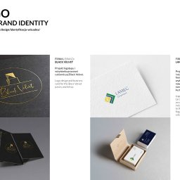 Kabetani Studio Beata Jarek - Zestawienie wizualizacji identyfikacji marek Black Velvet i LAMEC, prezentujące projekty logo i wizytówek firm, z czego Black Velvet ma złote logo na czarnym tle, a LAMEC ma logo z zielonym...