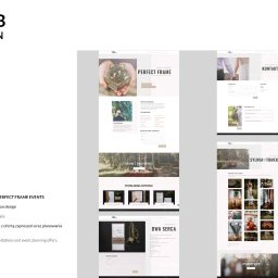 Kabetani Studio Beata Jarek - Zrzut ekranu strony internetowej firmy eventowej Perfect Frame Events, prezentujący sekcje z galerią zdjęć z uroczystości, przykładową papeterią ślubną i formularzem kontaktowym.