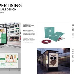 Kabetani Studio Beata Jarek - Przykłady materiałów reklamowych: plakat z trzema uśmiechniętymi kobietami promujący dietę, opakowanie CD z motywem kart, plakat na przystanku autobusowym przedstawiający sowę z ziaren kawy.