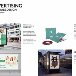 Przykłady materiałów reklamowych: plakat z trzema uśmiechniętymi kobietami promujący dietę, opakowanie CD z motywem kart, plakat na przystanku autobusowym przedstawiający sowę z ziaren kawy.