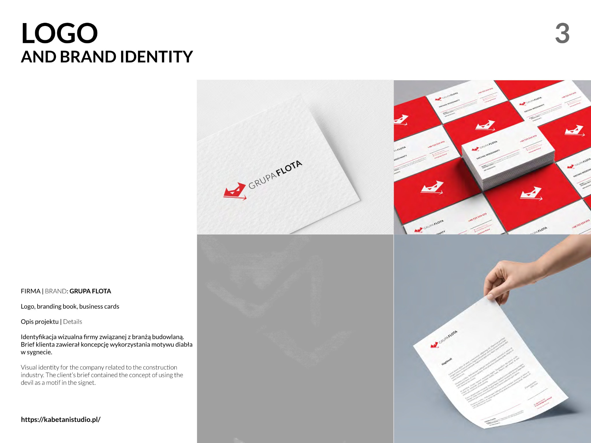 Prezentacja identyfikacji wizualnej firmy budowlanej Grupa Flota, obejmująca logo na wizytówkach, papierze firmowym i białym kartoniku, z wykorzystaniem motywu strzałki w kształcie rogu diabła.