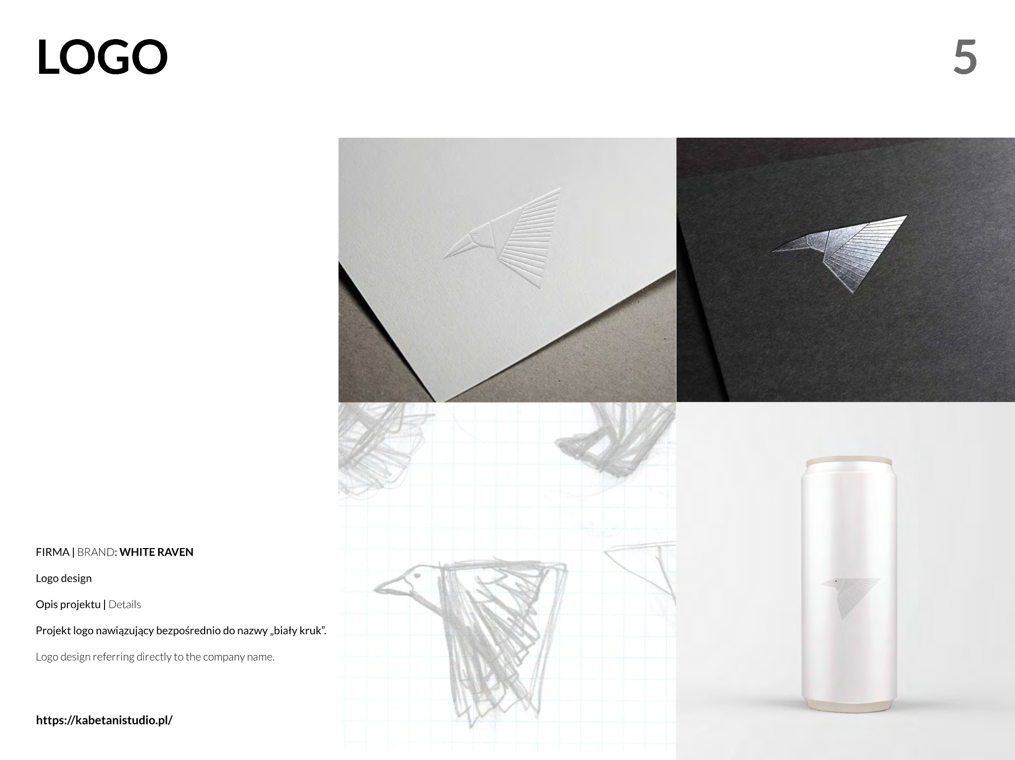 Prezentacja projektu logo 'White Raven' ukazująca tłoczenie na białym i srebrnym papierze, szkice koncepcyjne oraz wizualizację na puszce.