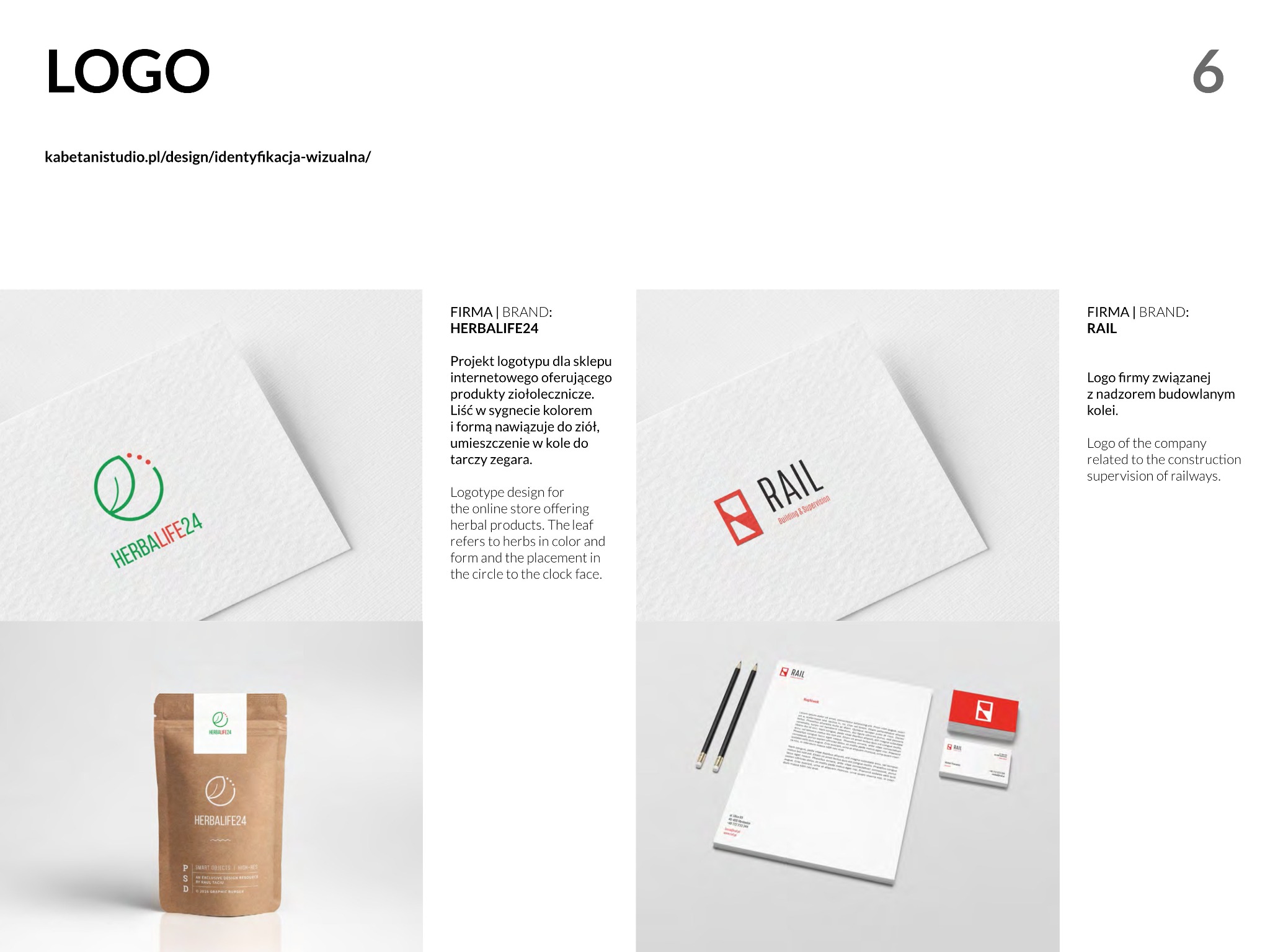 Prezentacja projektów logo dla firm Herbalife24 i Rail na białym tle, obejmująca wizualizację logo na papierze firmowym, opakowaniu produktu i wizytówkach.