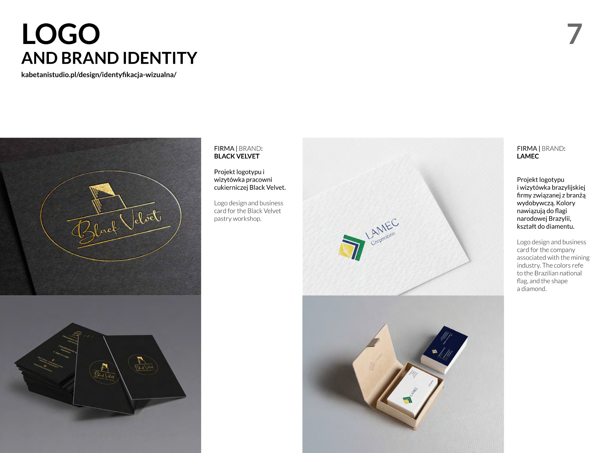 Zestawienie wizualizacji identyfikacji marek Black Velvet i LAMEC, prezentujące projekty logo i wizytówek firm, z czego Black Velvet ma złote logo na czarnym tle, a LAMEC ma logo z zielonym...