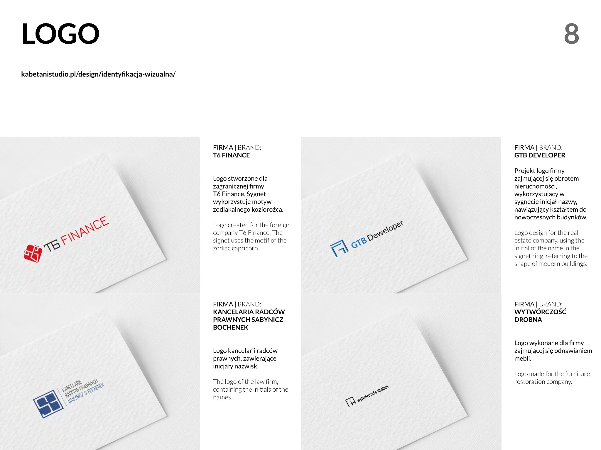 Prezentacja kilku projektów logo na białych kartkach z tekstowym opisem obok każdego z nich. Logo dla firmy T6 Finance, kancelarii radców prawnych Sabynicz & Bochenek, GTB Developer i Wytwórczość...