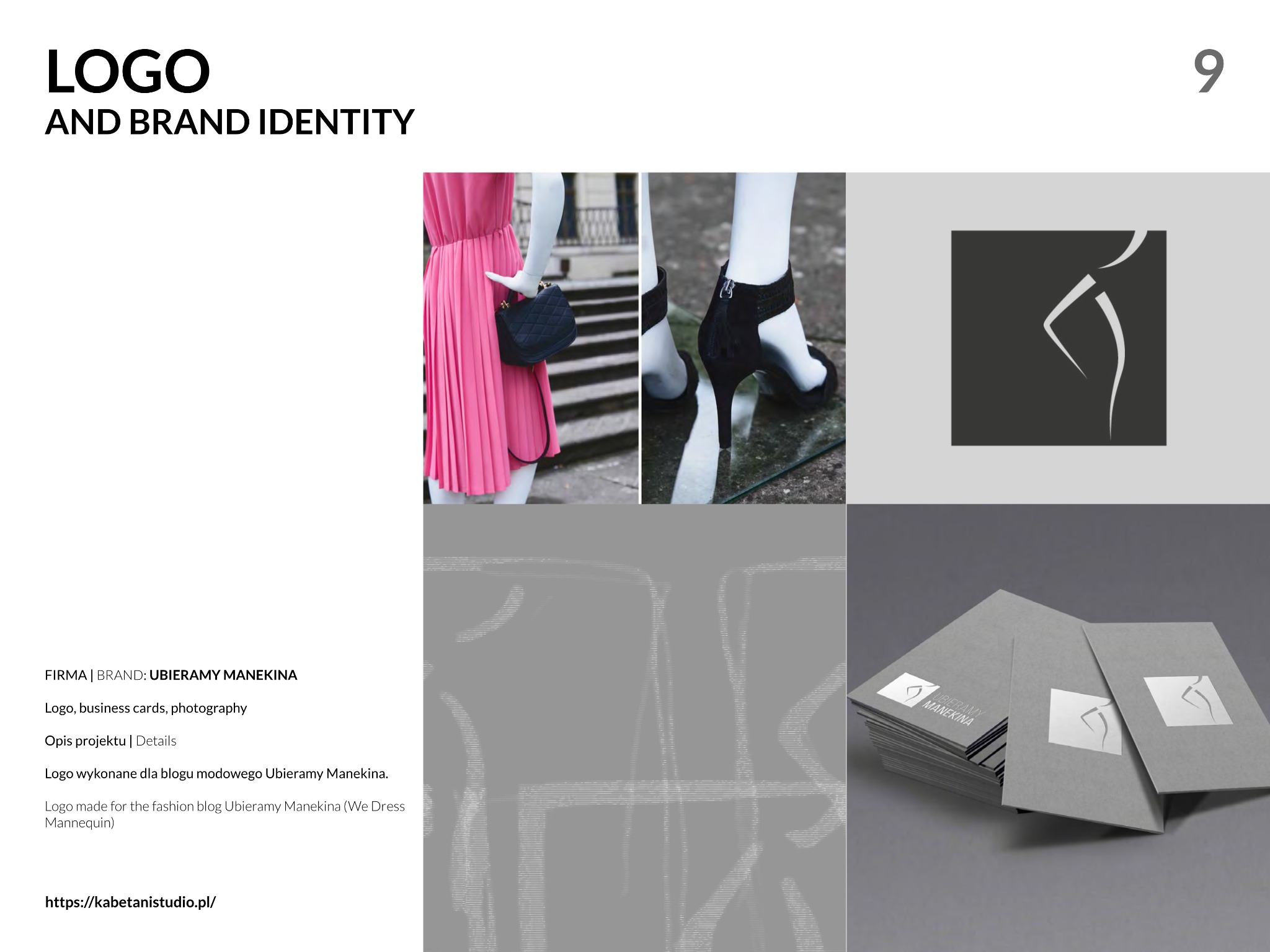 Kolaż prezentujący identyfikację wizualną marki odzieżowej, zawierający zdjęcie manekina w różowej sukience z czarną torebką, zbliżenie na czarne buty na obcasie, minimalistyczne logo...