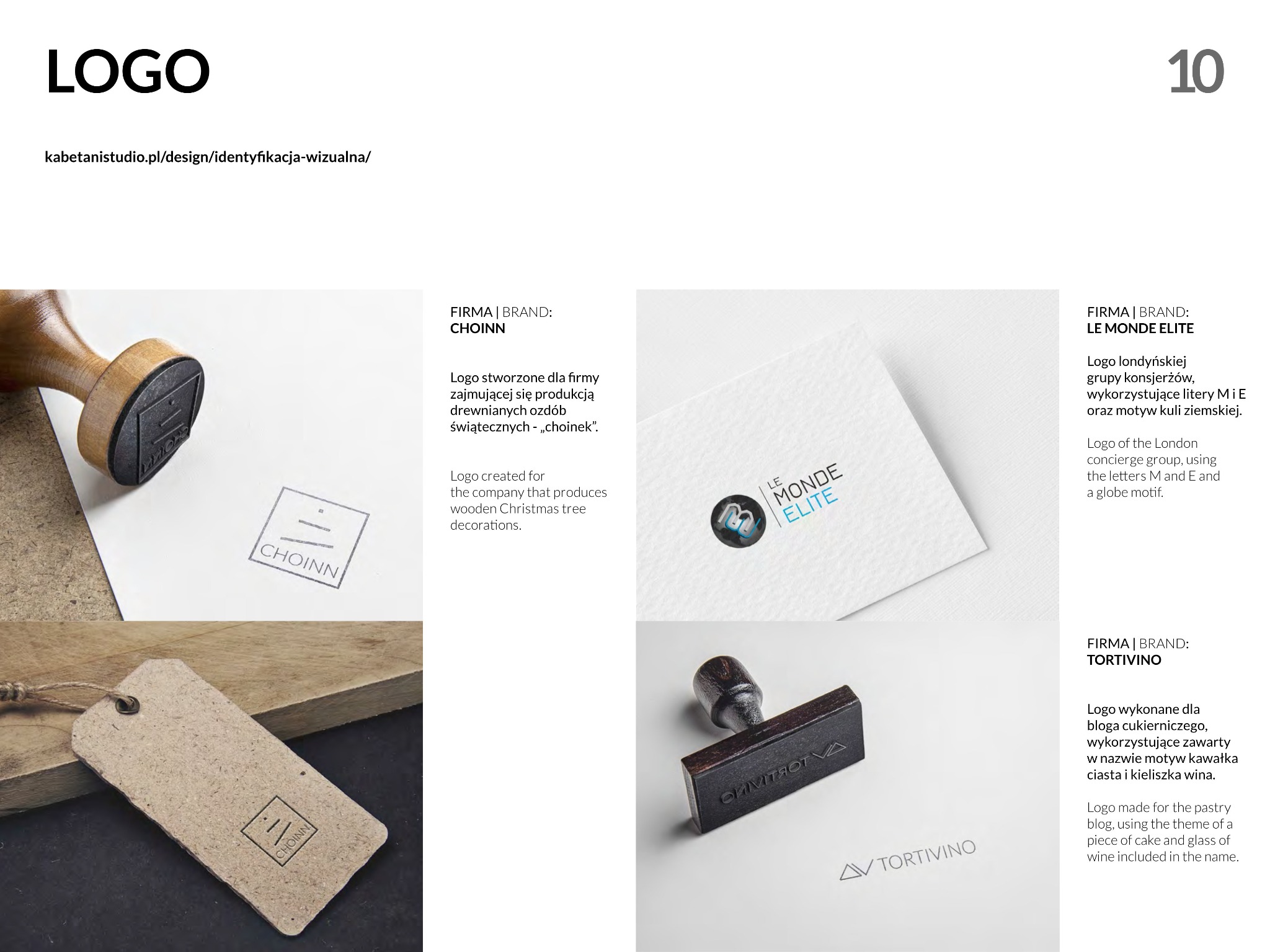 Kompilacja logo firm: logo firmy produkującej drewniane ozdoby świąteczne odbite stemplem na papierze i zawieszce, logo londyńskiej grupy konsjerżów oraz logo bloga cukierniczego odbite stemplem...