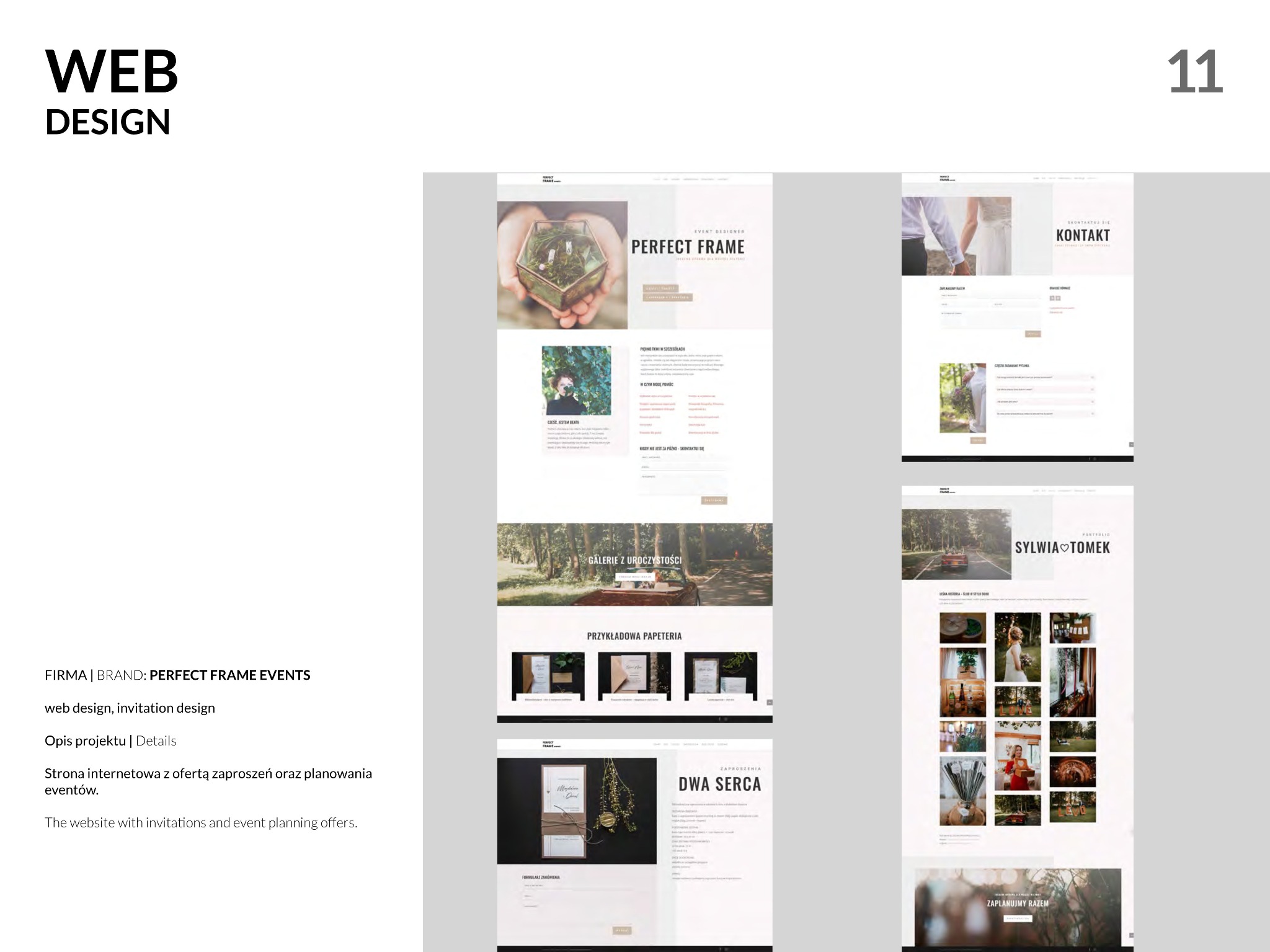 Zrzut ekranu strony internetowej firmy eventowej Perfect Frame Events, prezentujący sekcje z galerią zdjęć z uroczystości, przykładową papeterią ślubną i formularzem kontaktowym.