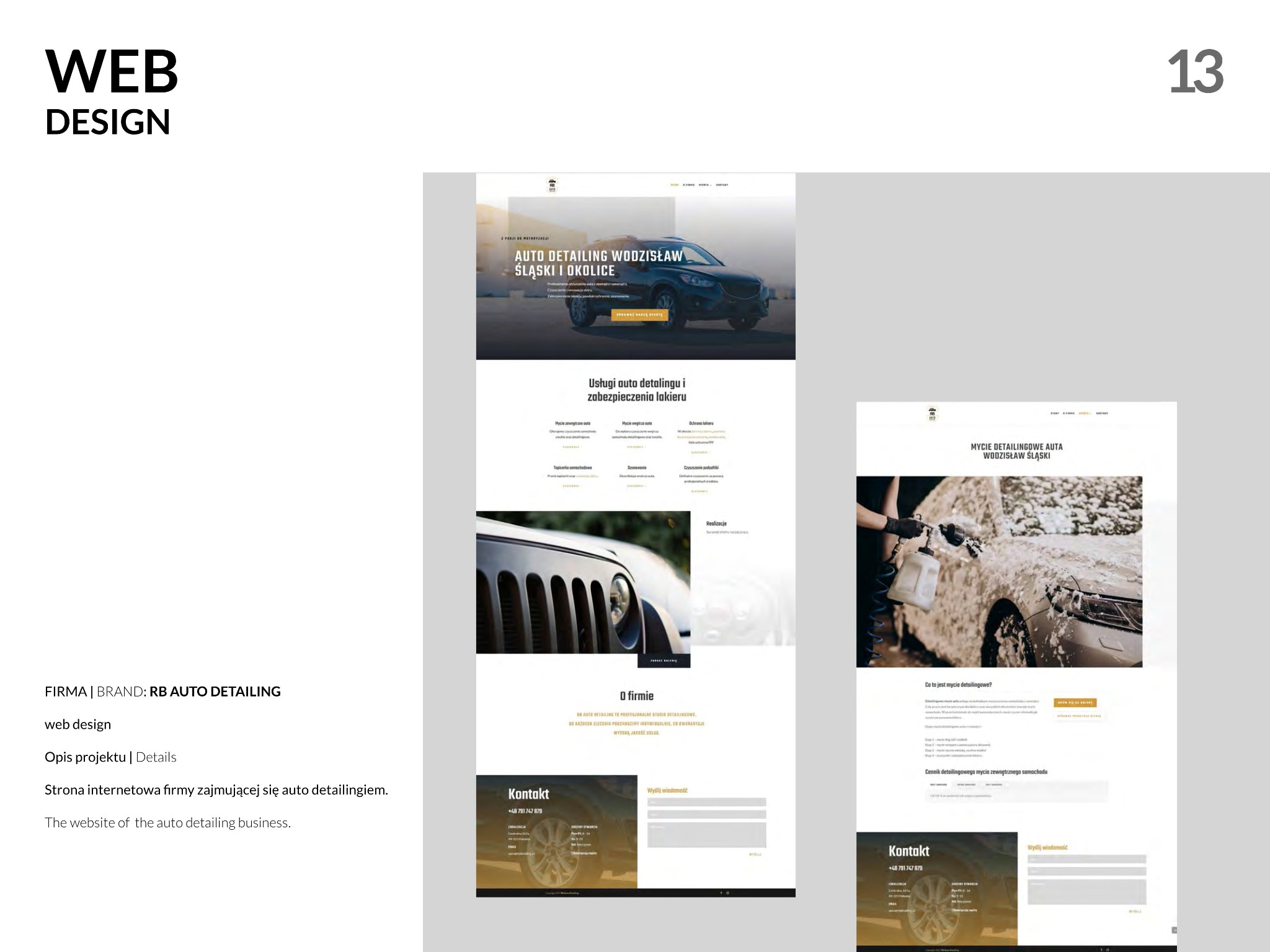 Projekt strony internetowej firmy RB Auto Detailing z Wodzisławia Śląskiego, prezentujący usługi auto detailingu i zabezpieczenia lakieru, z widocznymi elementami strony głównej, sekcji 'O firmie'...