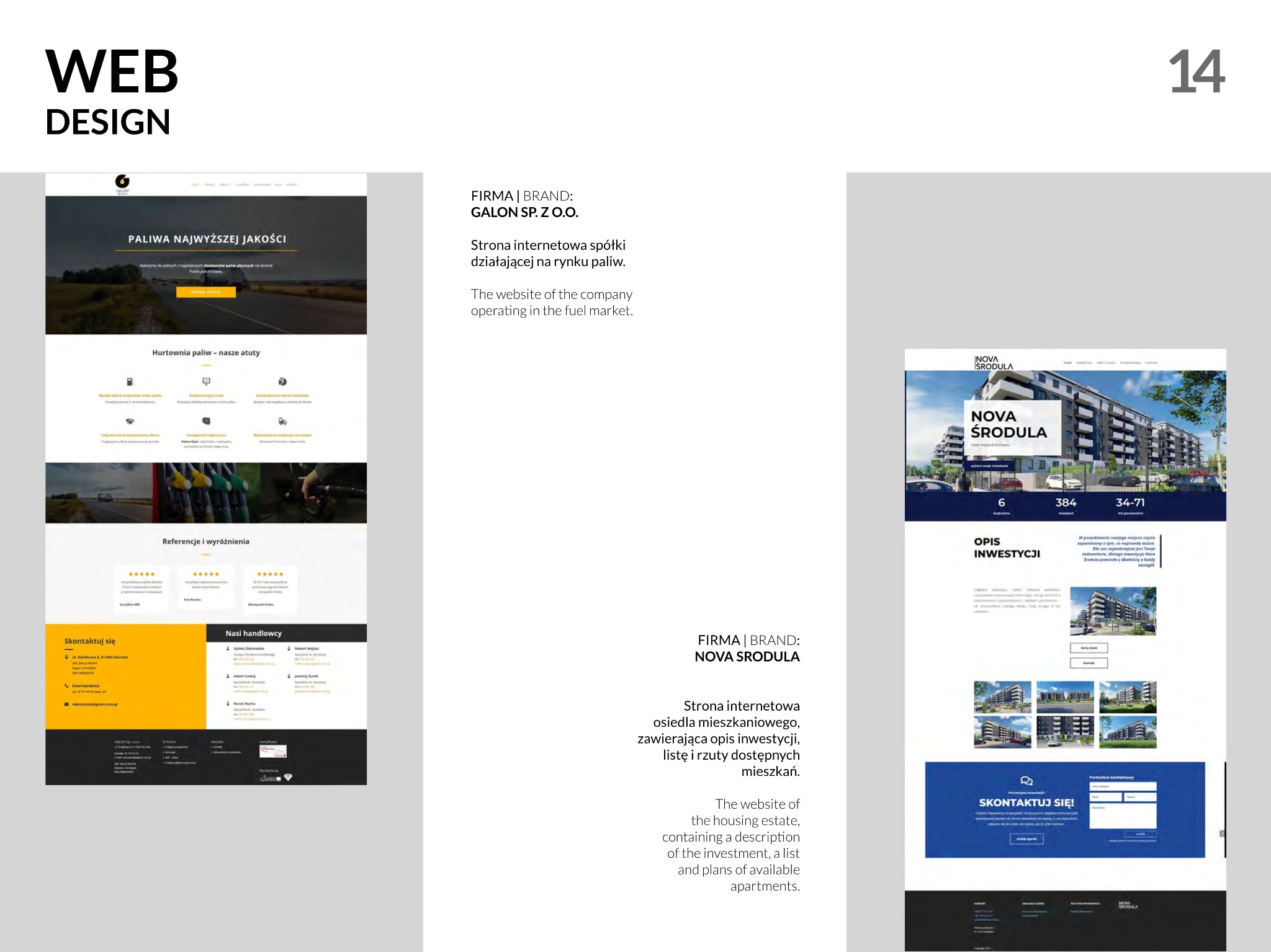 Zestawienie dwóch stron internetowych: jedna dla firmy paliwowej Galon Sp. z o.o. z nagłówkiem 'Paliwa Najwyższej Jakości', a druga dla osiedla mieszkaniowego Nova Środula, prezentująca...