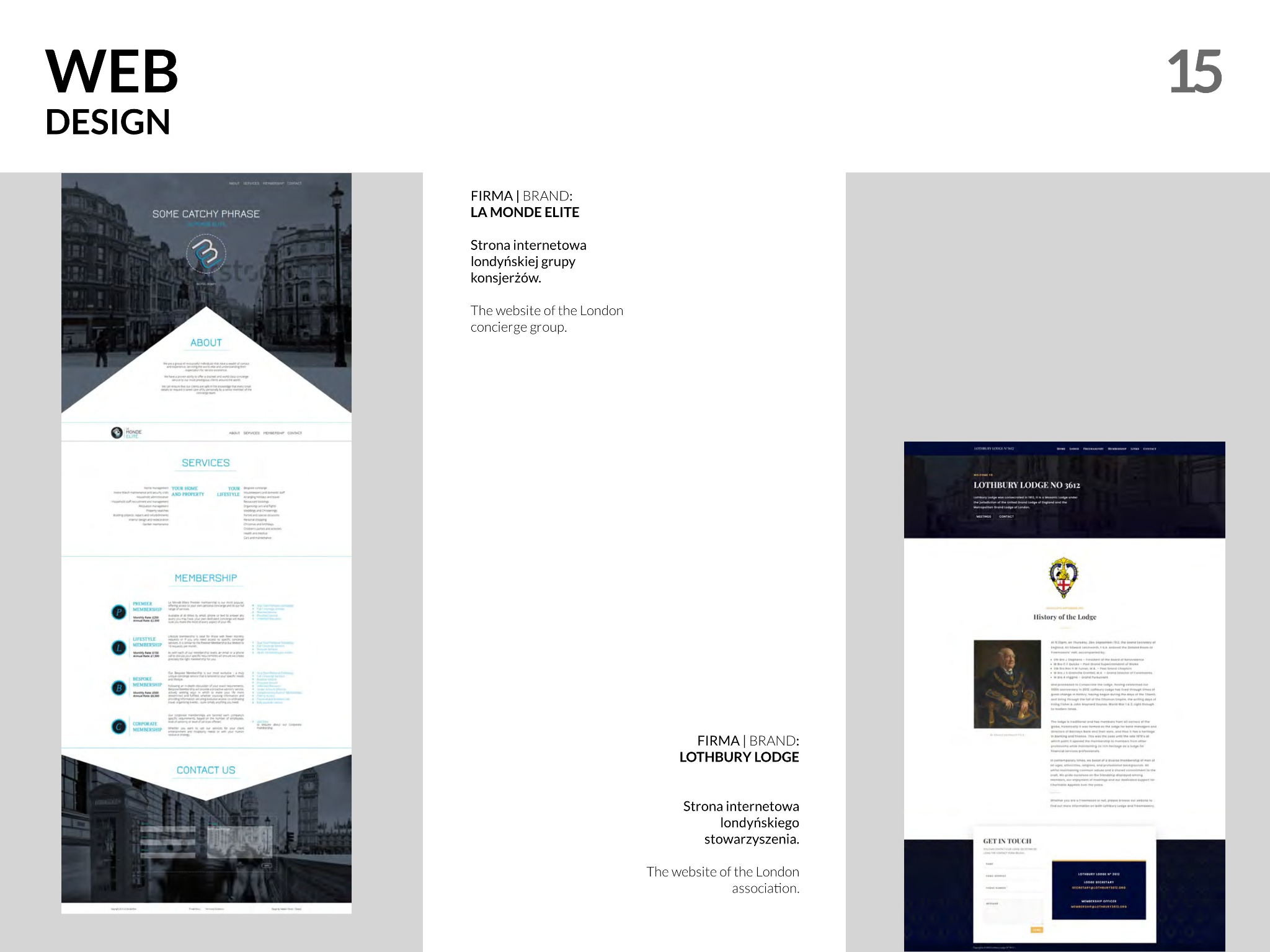 Dwie strony internetowe londyńskich organizacji,  La Monde Elite i Lothbury Lodge, z widocznymi elementami interfejsu użytkownika,  ukazane obok siebie.
