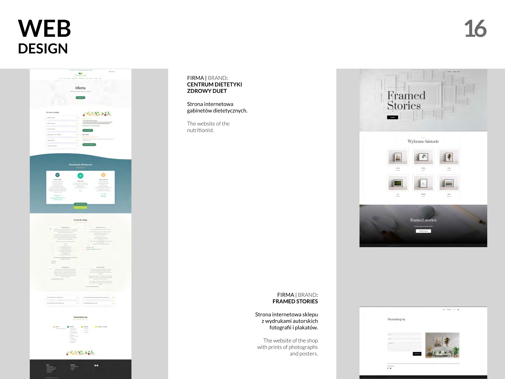 Kompozycja prezentująca ekrany stron internetowych z różnymi układami i grafikami, w tym strona gabinetu dietetycznego z zielonymi akcentami i strona sklepu z fotografiami i plakatami w neutralnych...