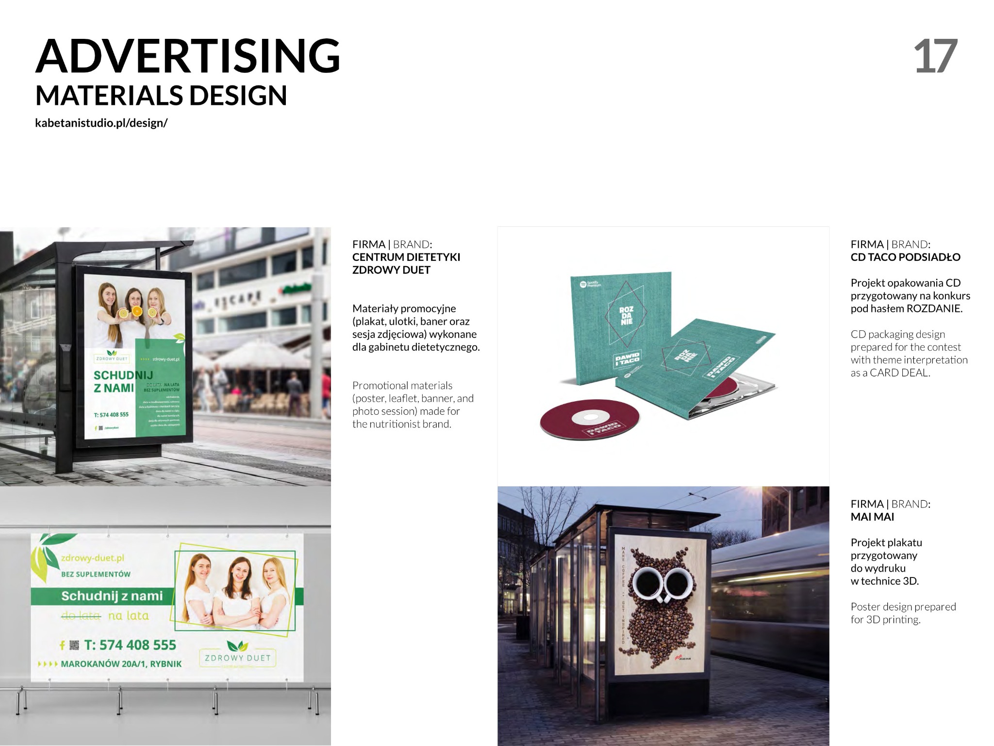 Przykłady materiałów reklamowych: plakat z trzema uśmiechniętymi kobietami promujący dietę, opakowanie CD z motywem kart, plakat na przystanku autobusowym przedstawiający sowę z ziaren kawy.